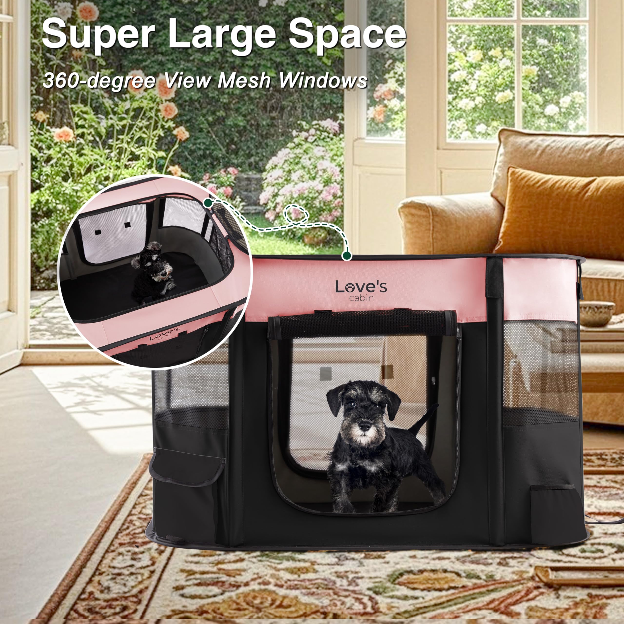 Love's cabin pink carrying-case playpen includes a portable bag for trips.
