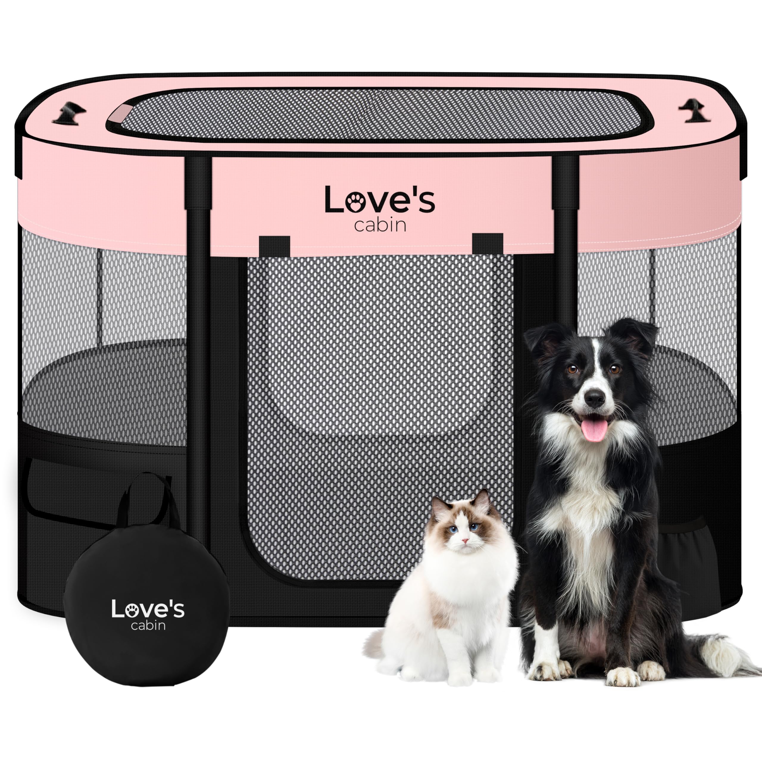 Love's cabin pink folded playpen shows portable storage and travel-ready design.