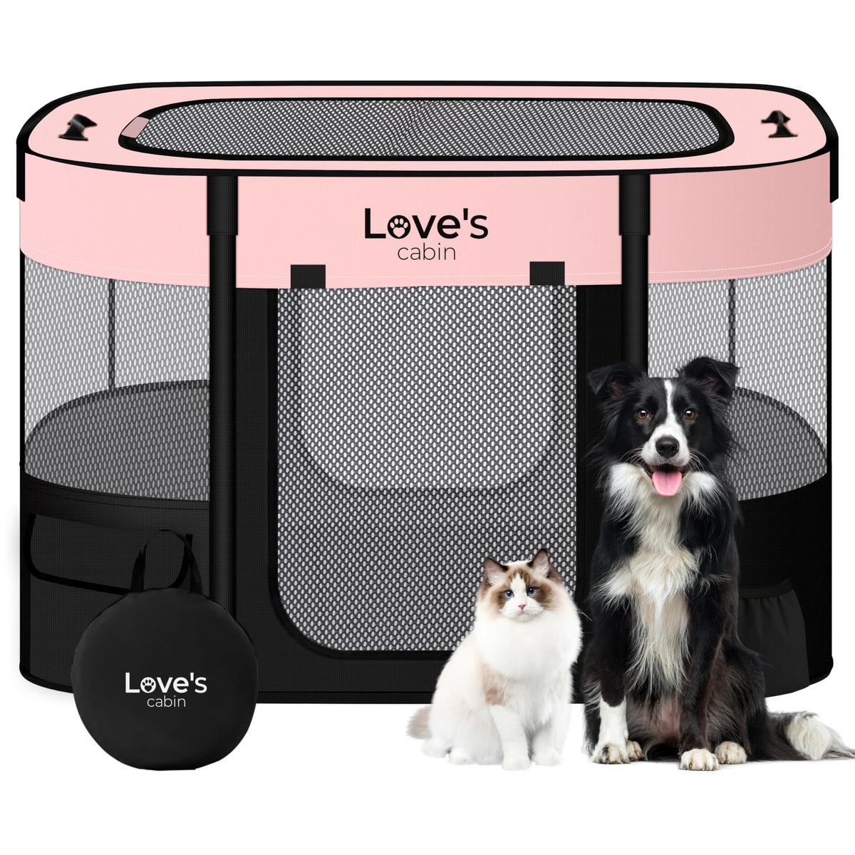 Love's cabin pink folded playpen shows portable storage and travel-ready design.