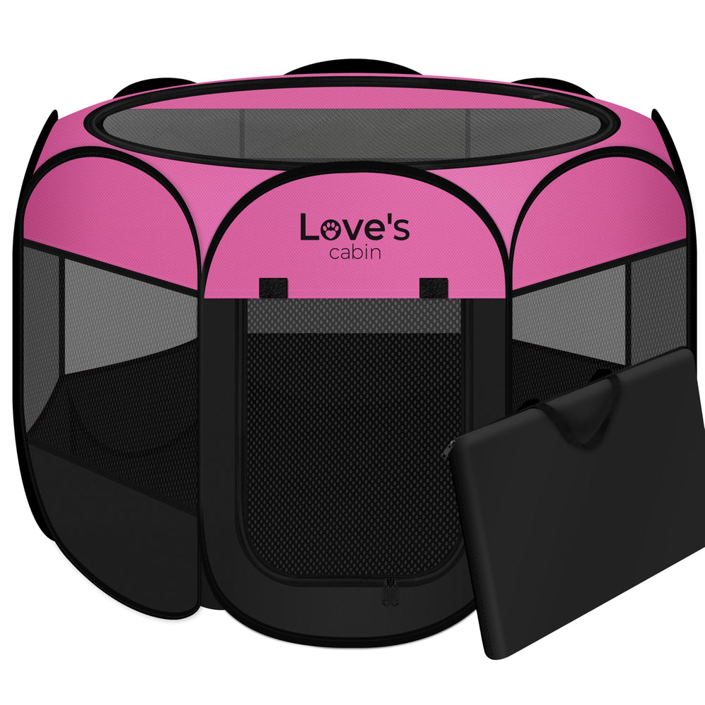 Love's cabin pet playpen pink front view shows portable indoor/outdoor use.