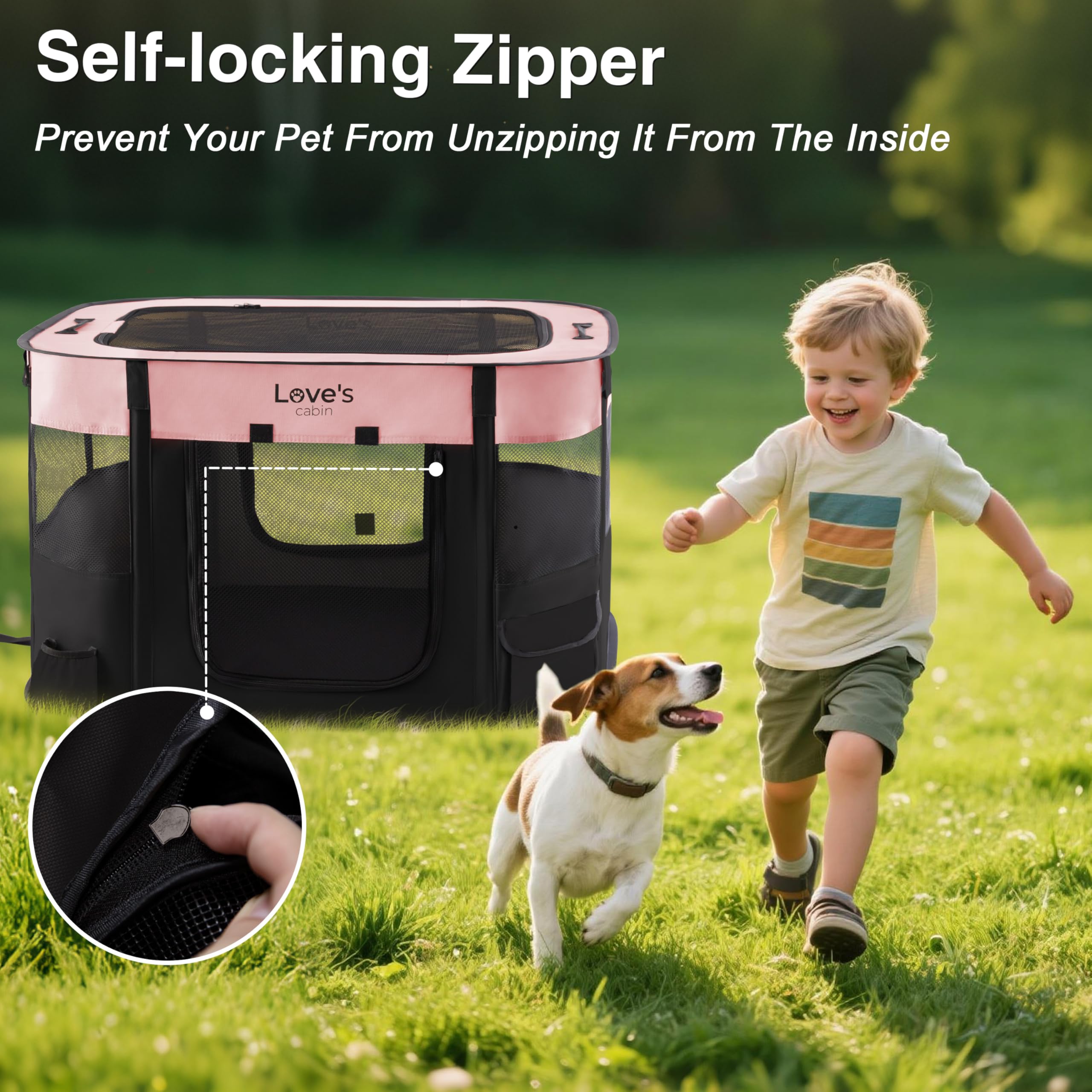 Love's cabin pink outdoor-travel playpen folds flat for camping and trips.
