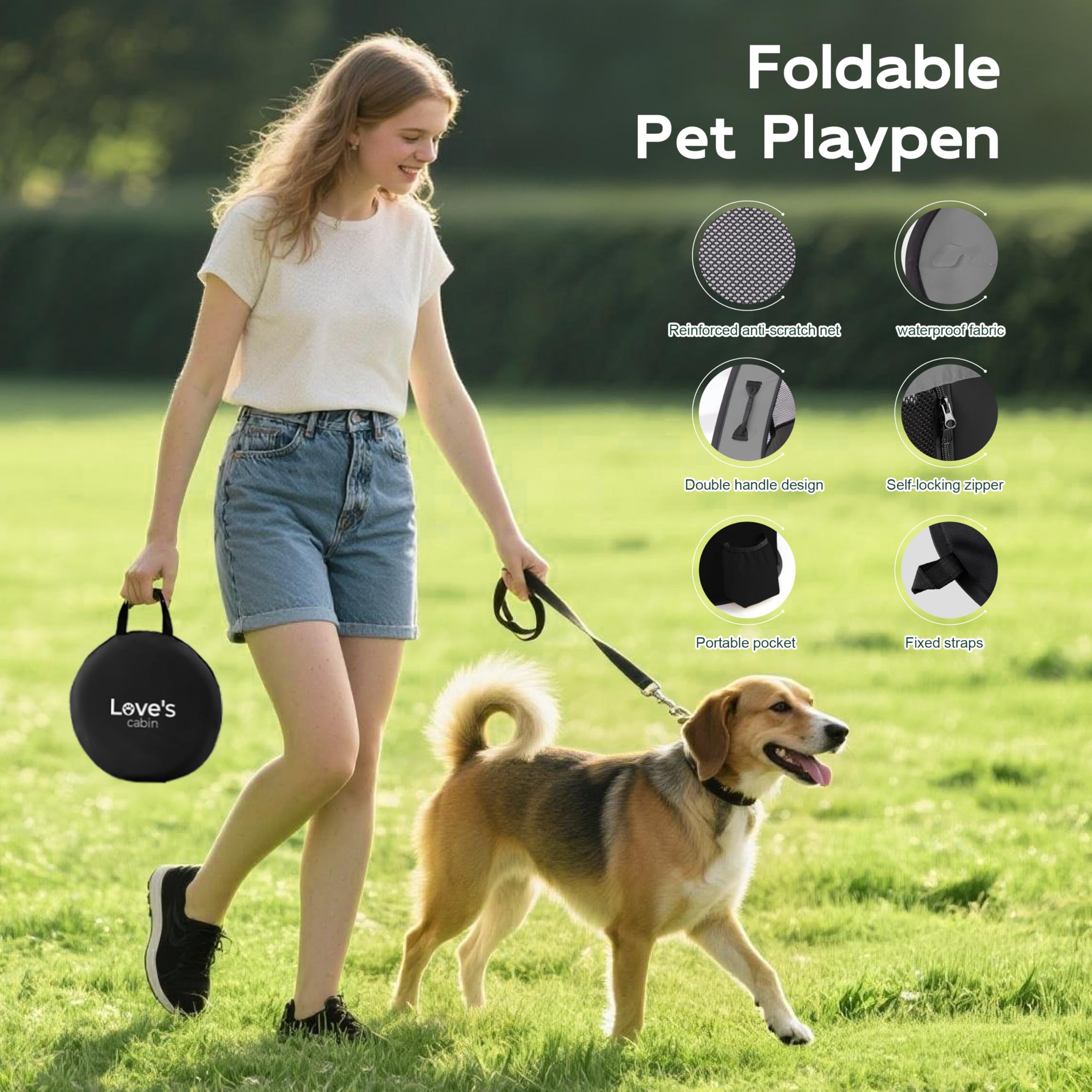 Love's cabin playpen shown indoors and outdoors for versatile use