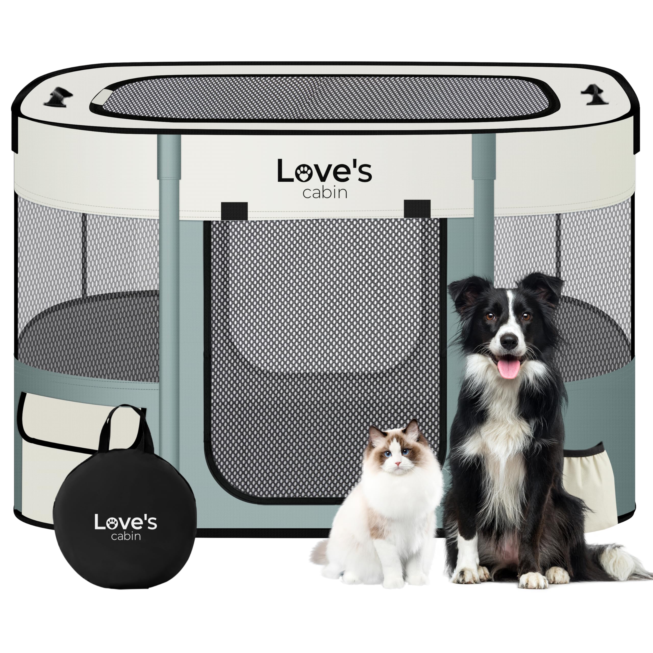 Love's cabin puppy playpen setup demonstrates quick assembly for travel-friendly containment.