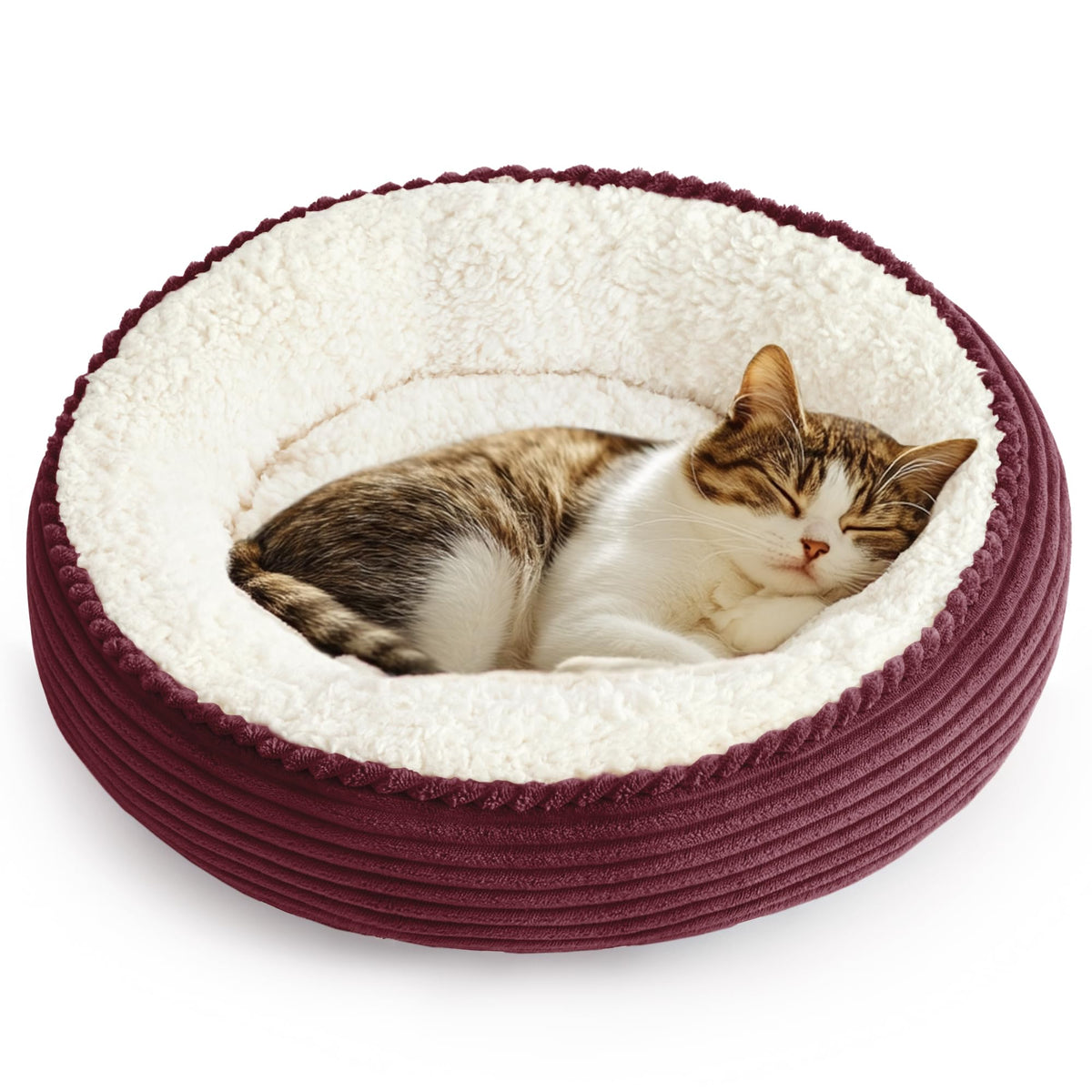 Love's cabin round donut bed burgundy stripe closeup shows plush comfort and inviting texture.