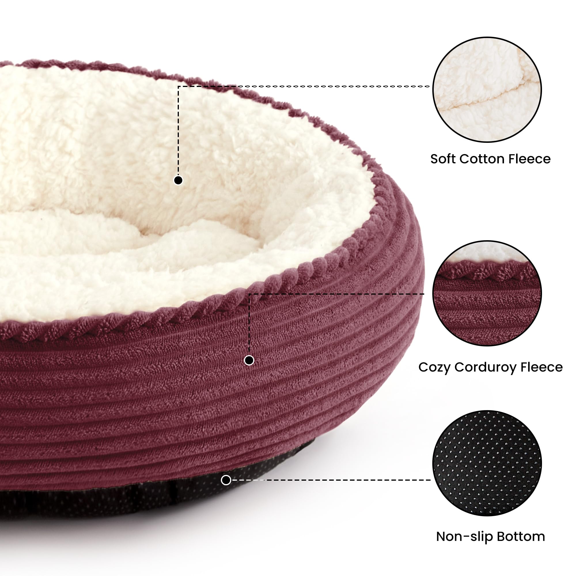 Love's cabin round donut bed outer shell detail highlights cozy shell and secure nesting.
