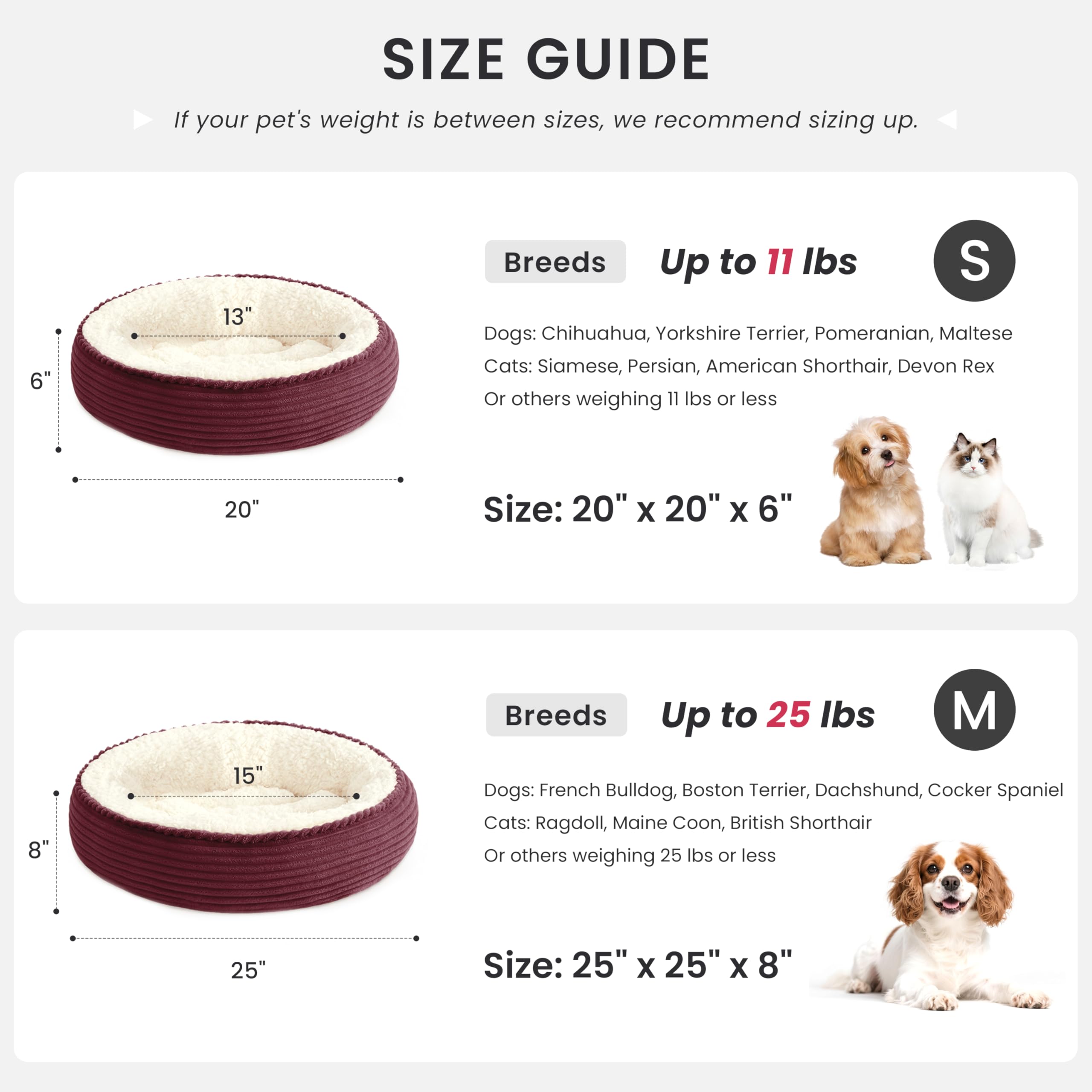 Love's cabin round donut bed raised rim emphasizes head and neck support for snuggling.