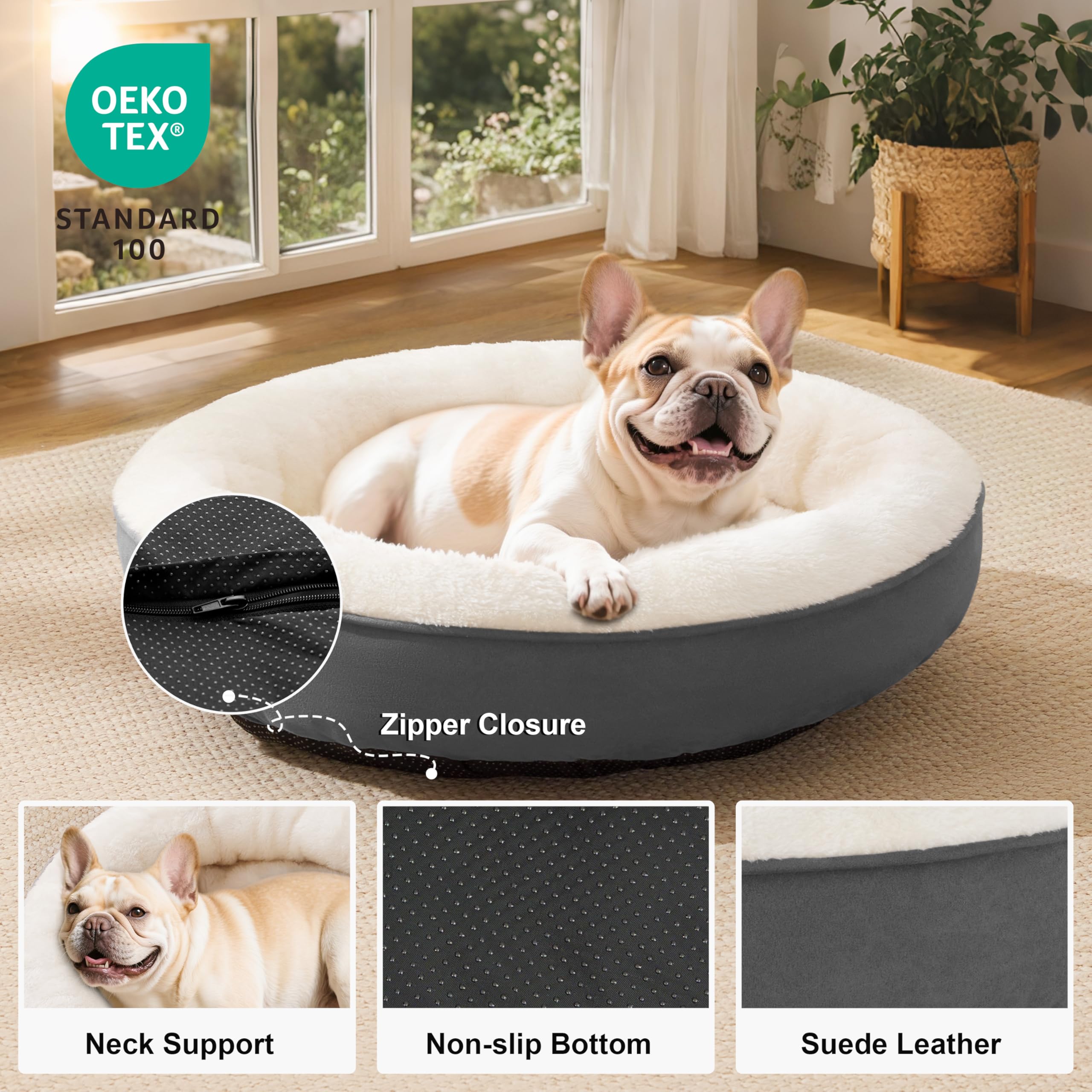 Love's cabin 30 inch dog bed shows anti-slip bottom for secure placement.