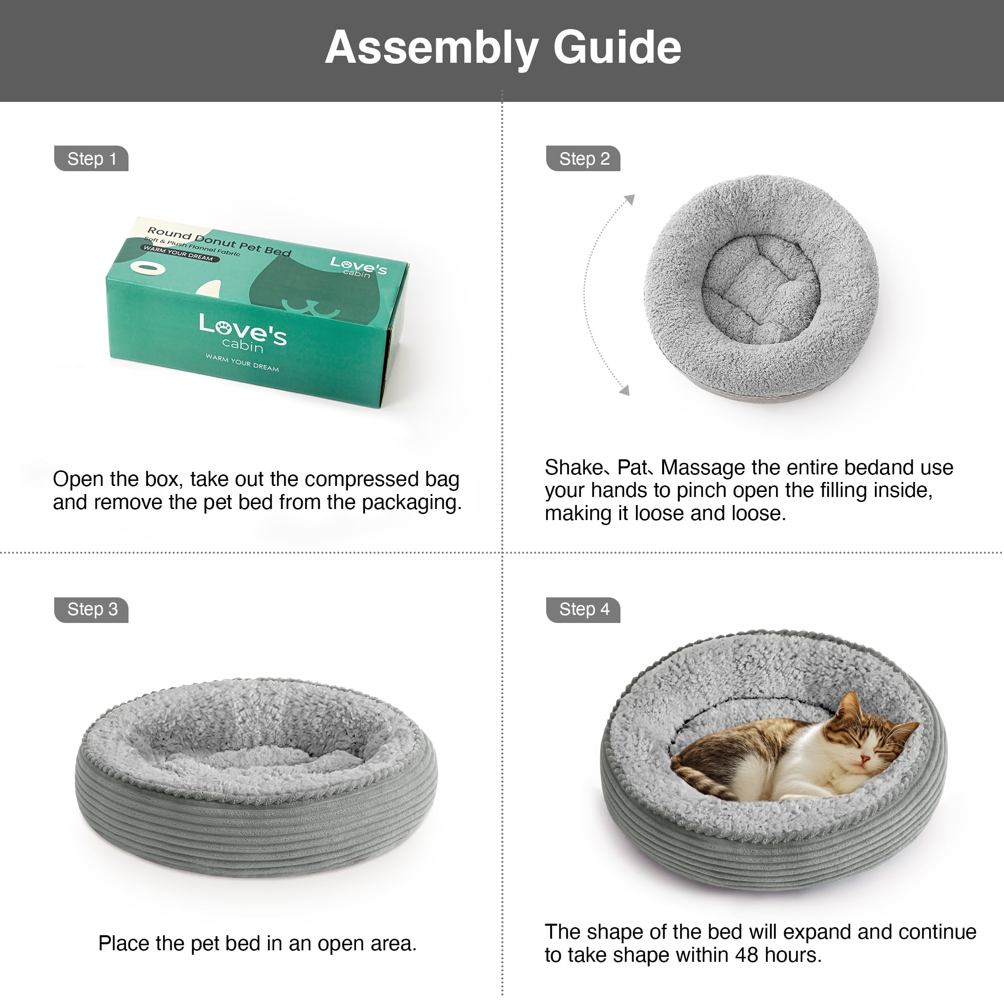 Love's cabin round donut bed cat-dog use supports cozy napping anywhere.