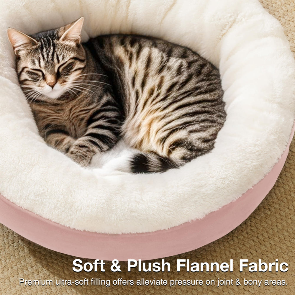 Love's cabin Round Donut Bed pink color showcases stylish home addition for pets.