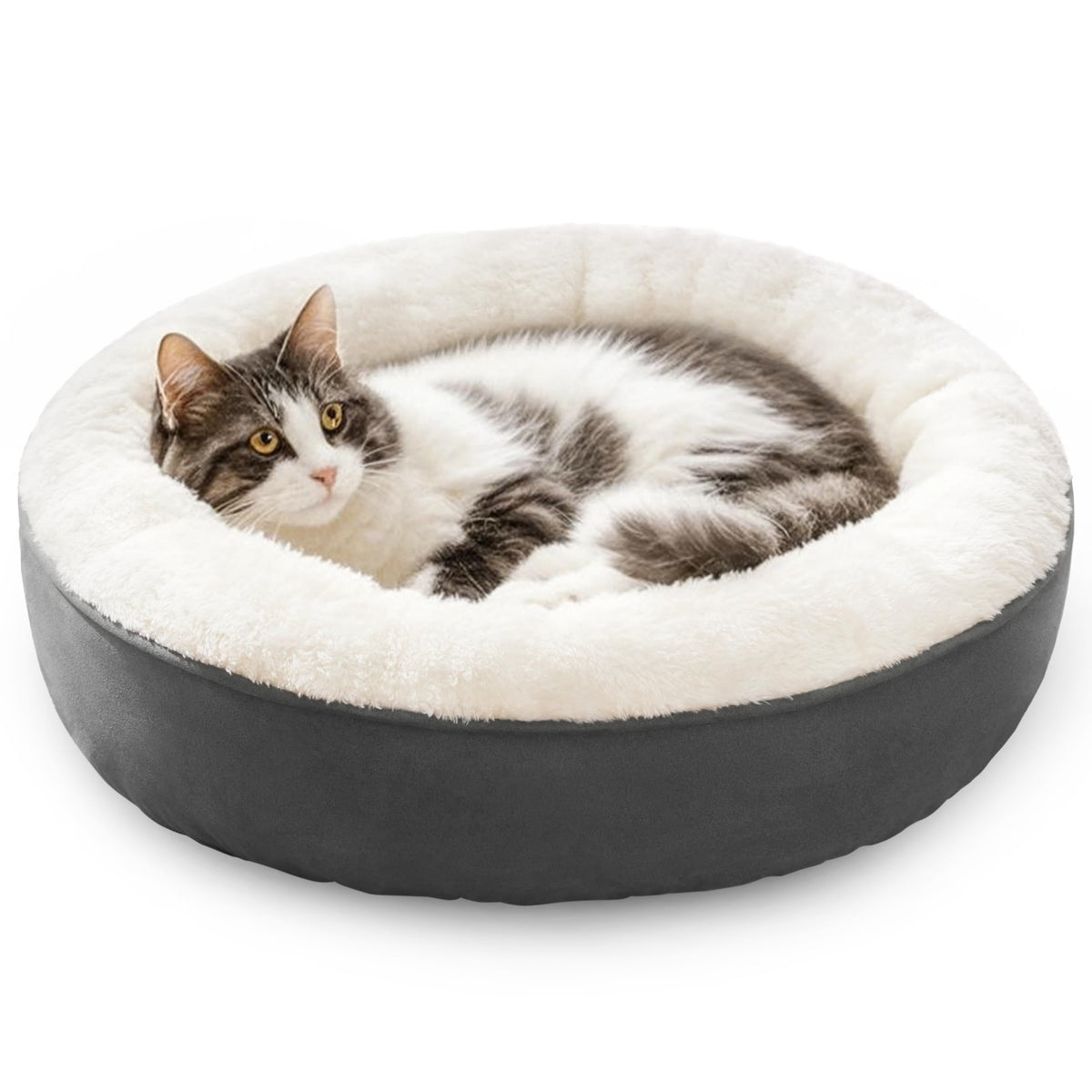 Love's cabin round-donut-bed front view shows cozy nest walls for secure naps.
