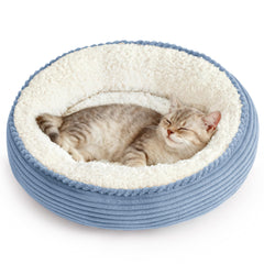 Love's cabin round donut bed front view showing cozy nest walls for secure lounging.