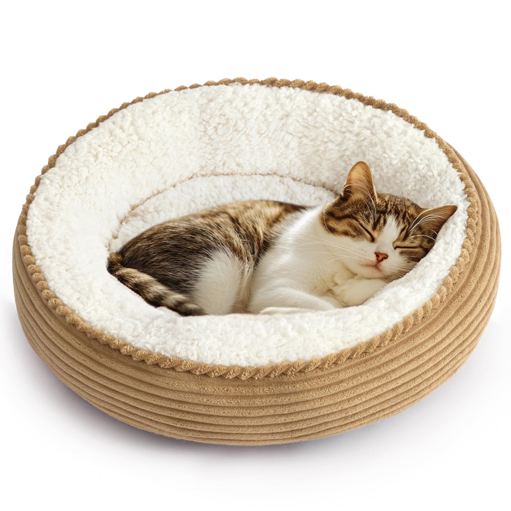 Love's cabin round donut bed front view showing cozy nest walls for cats and small dogs