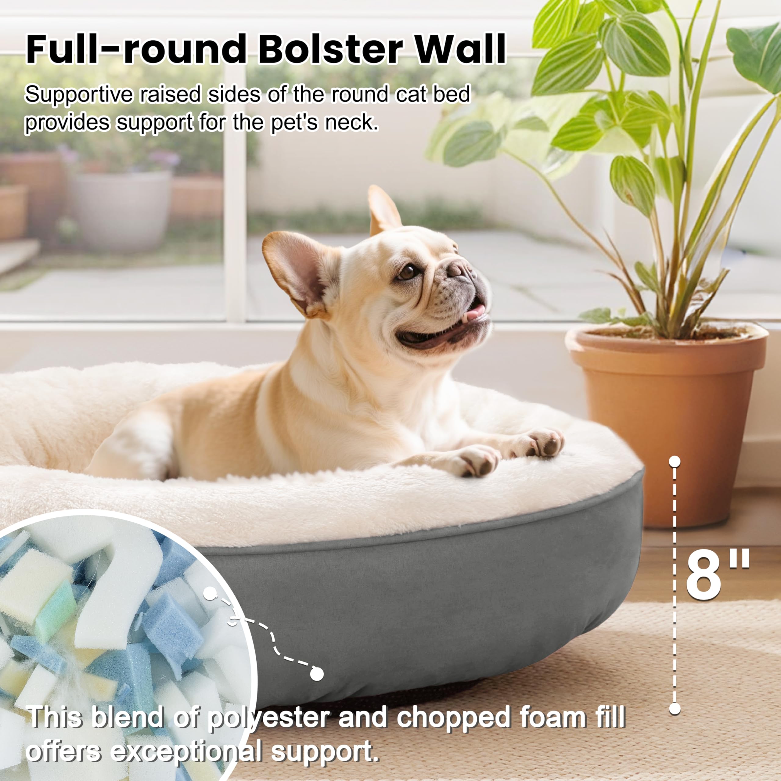Love's cabin round-donut-bed grey color blends with home decor.