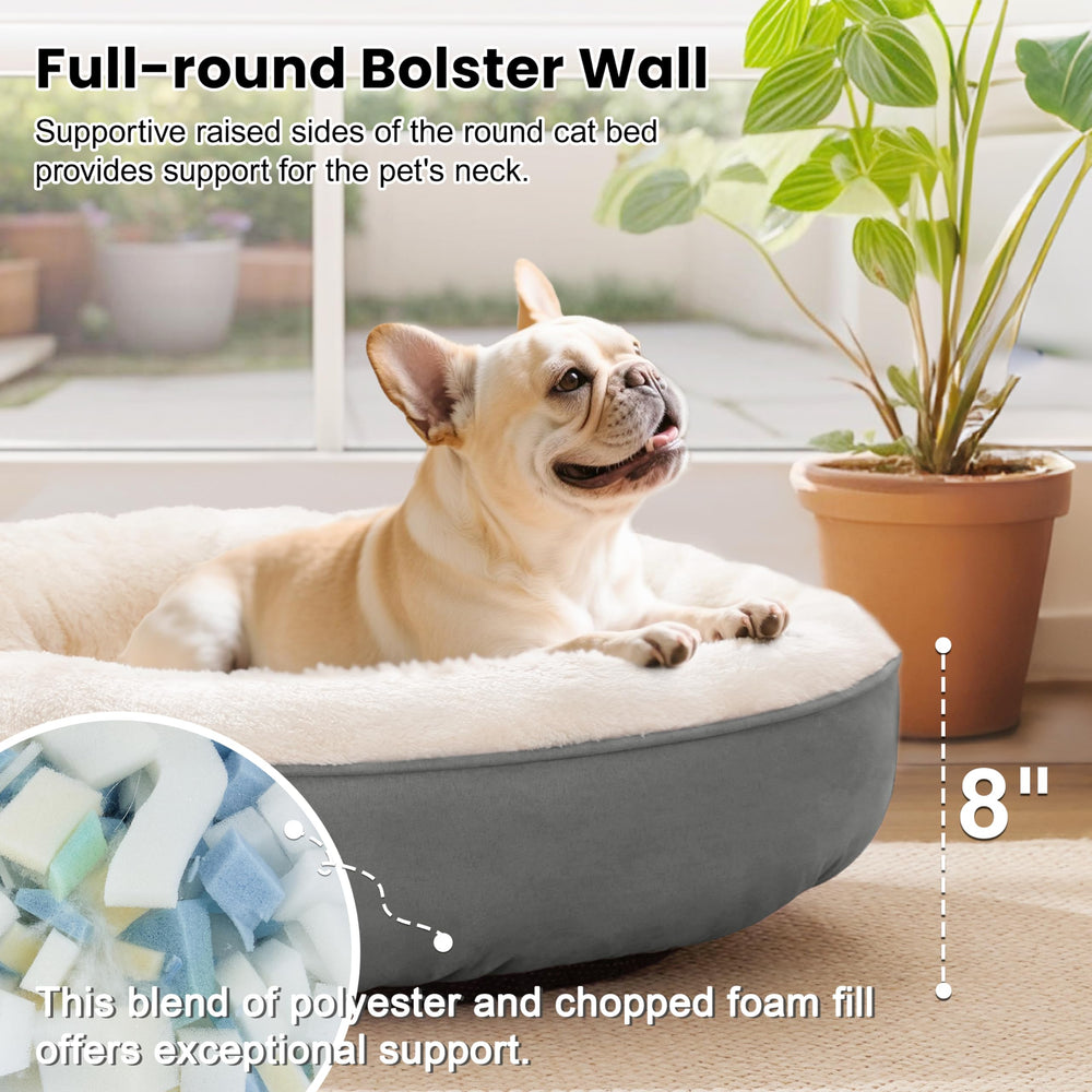 Love's cabin round-donut-bed grey color blends with home decor.