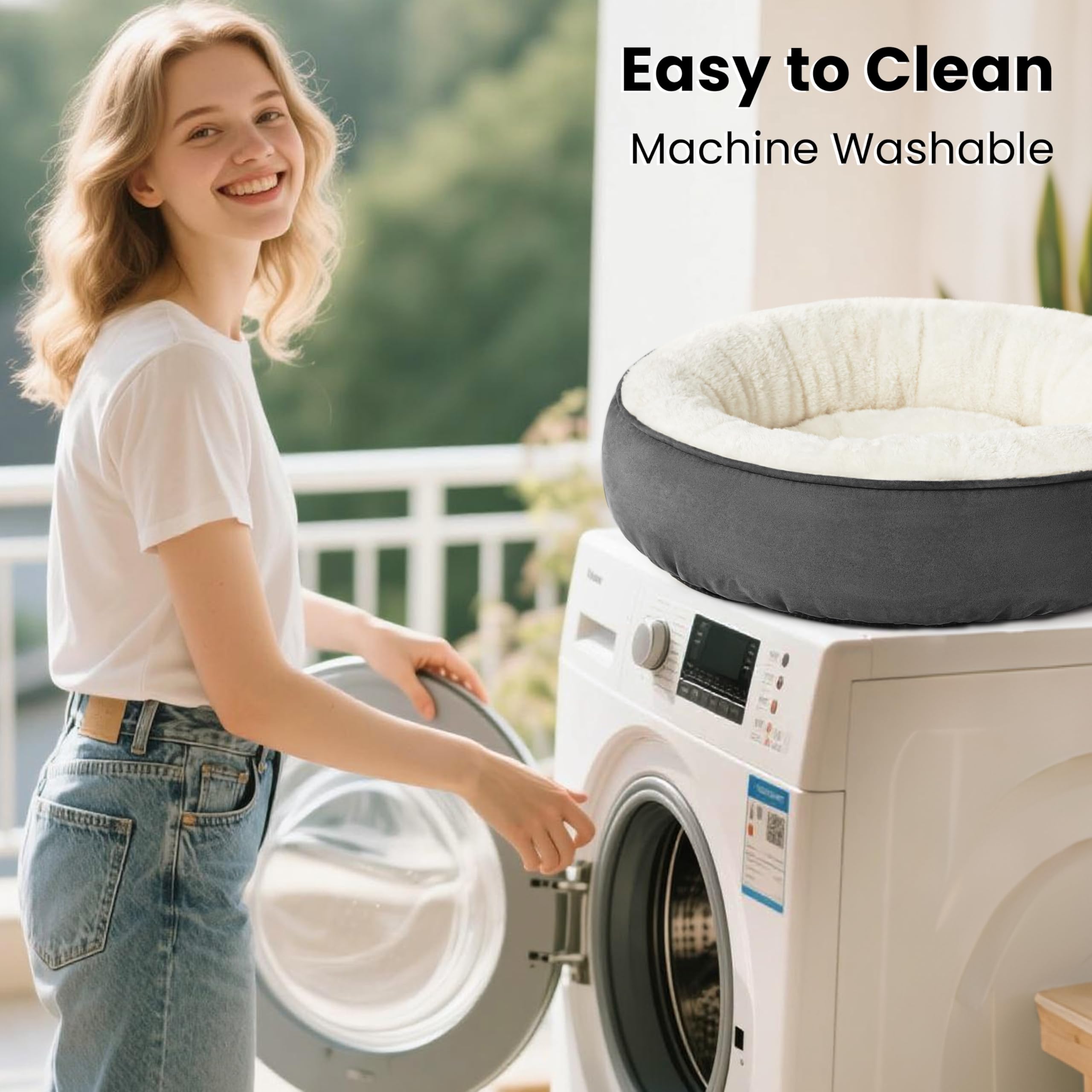 Love's cabin round donut bed supports medium to large dogs up to 45 lbs.