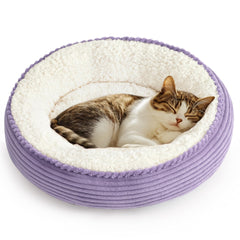 Love's cabin round donut bed lavender stripe front view for cozy lounging.