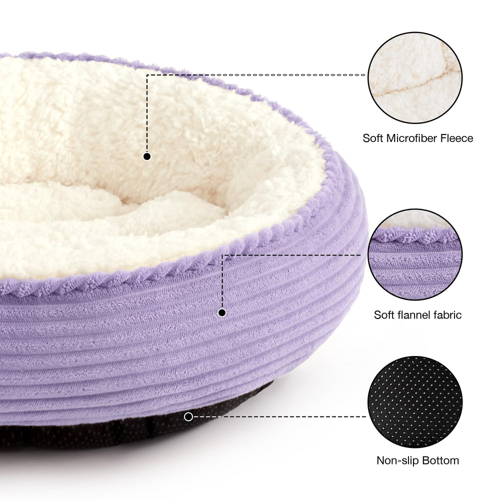 Love's cabin round donut bed lavender stripe top view encouraging curling and neck support.