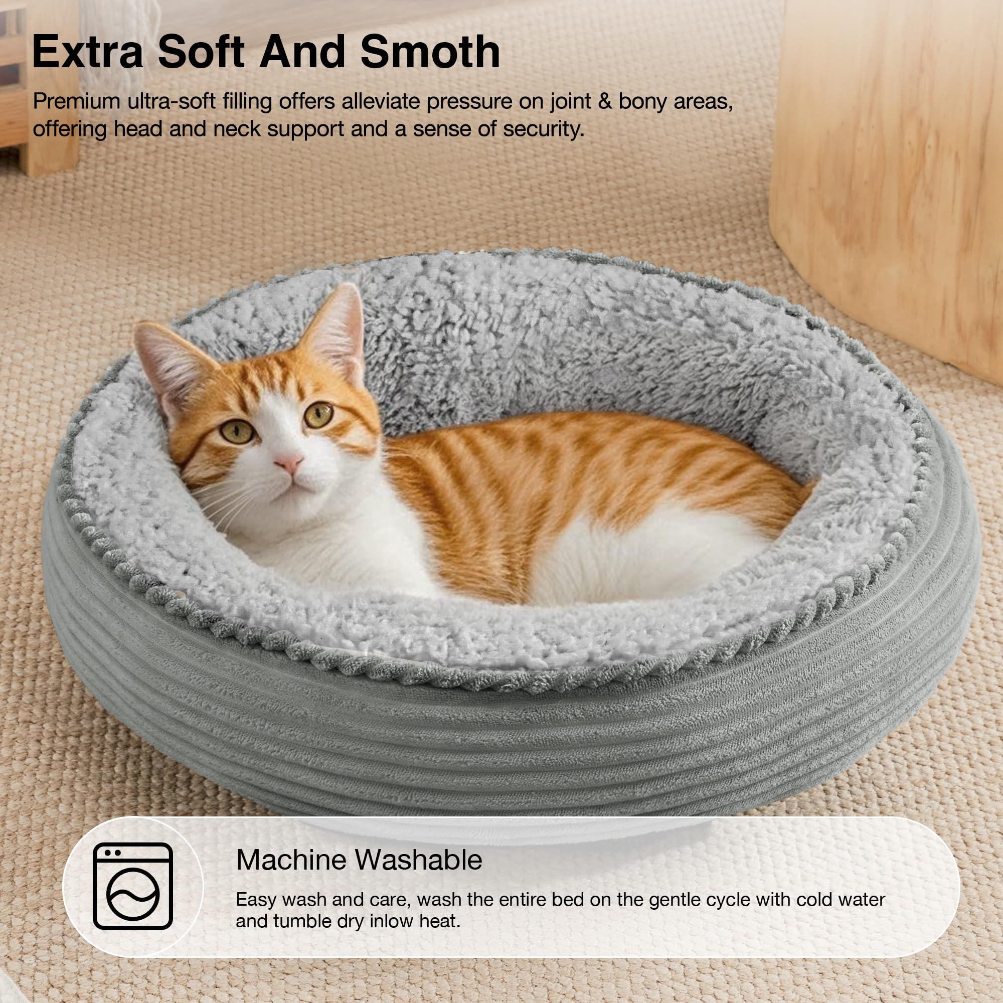 Love's cabin round donut bed machine-washable design simplifies cleanup after use.