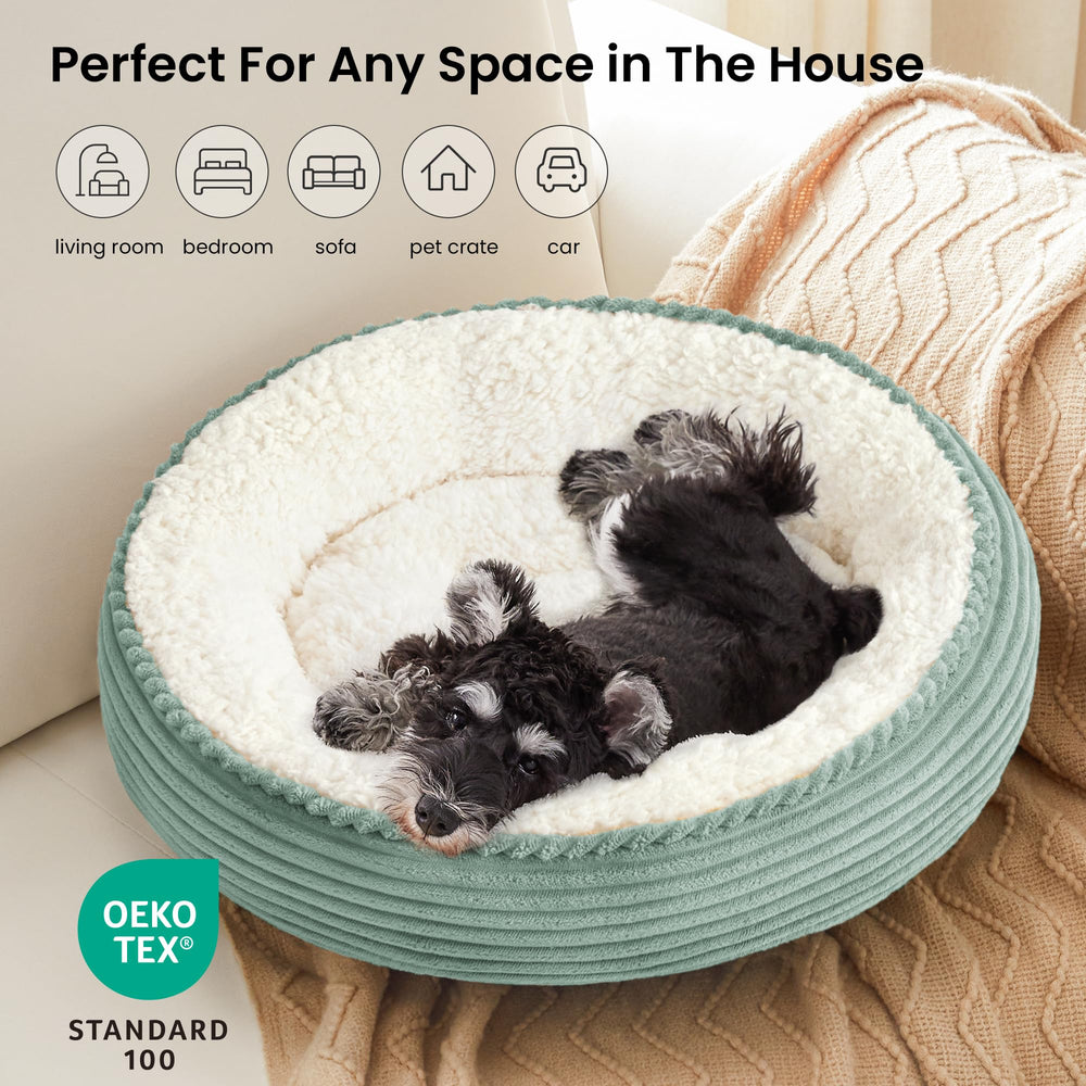 Love's cabin round donut bed machine washable label shows easy at-home cleaning.