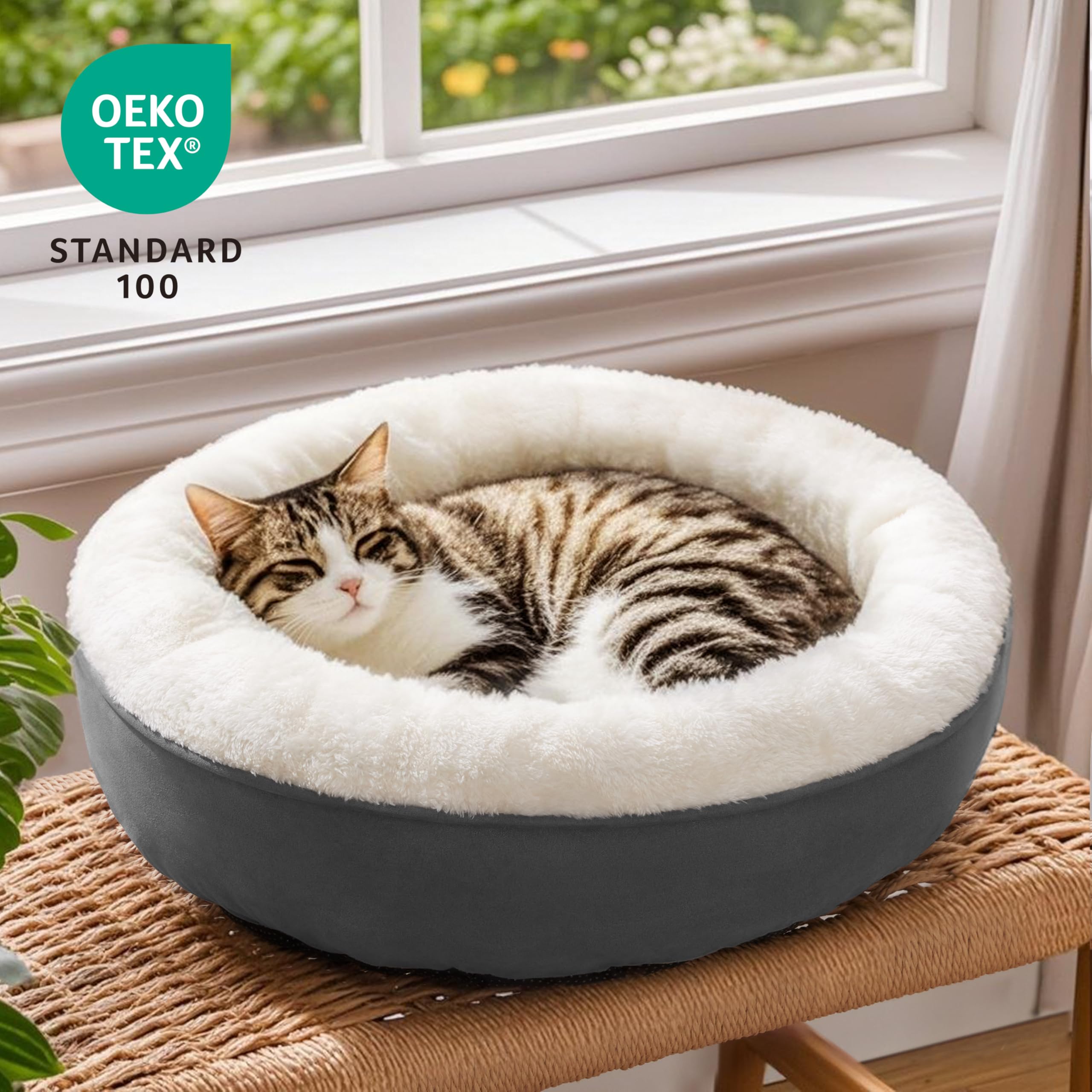 Love's cabin round-donut-bed material-closeup highlights soft durable fabric.