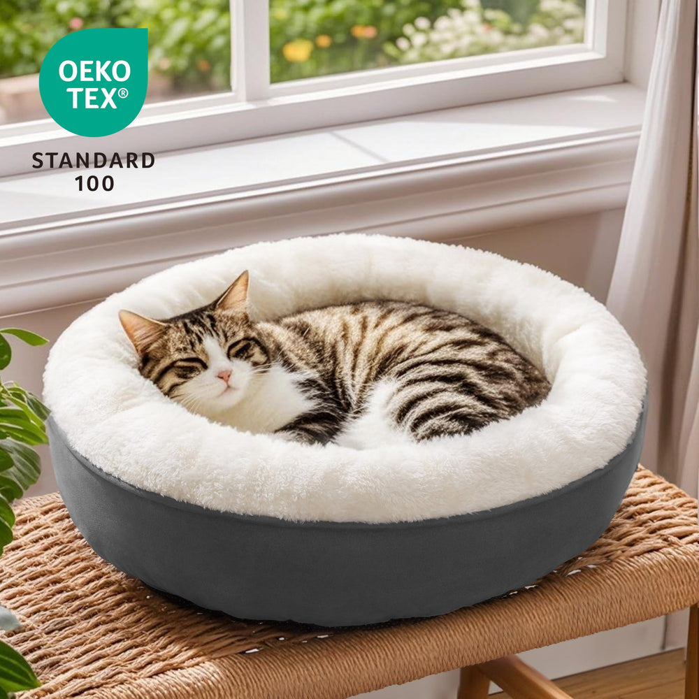 Love's cabin round-donut-bed material-closeup highlights soft durable fabric.
