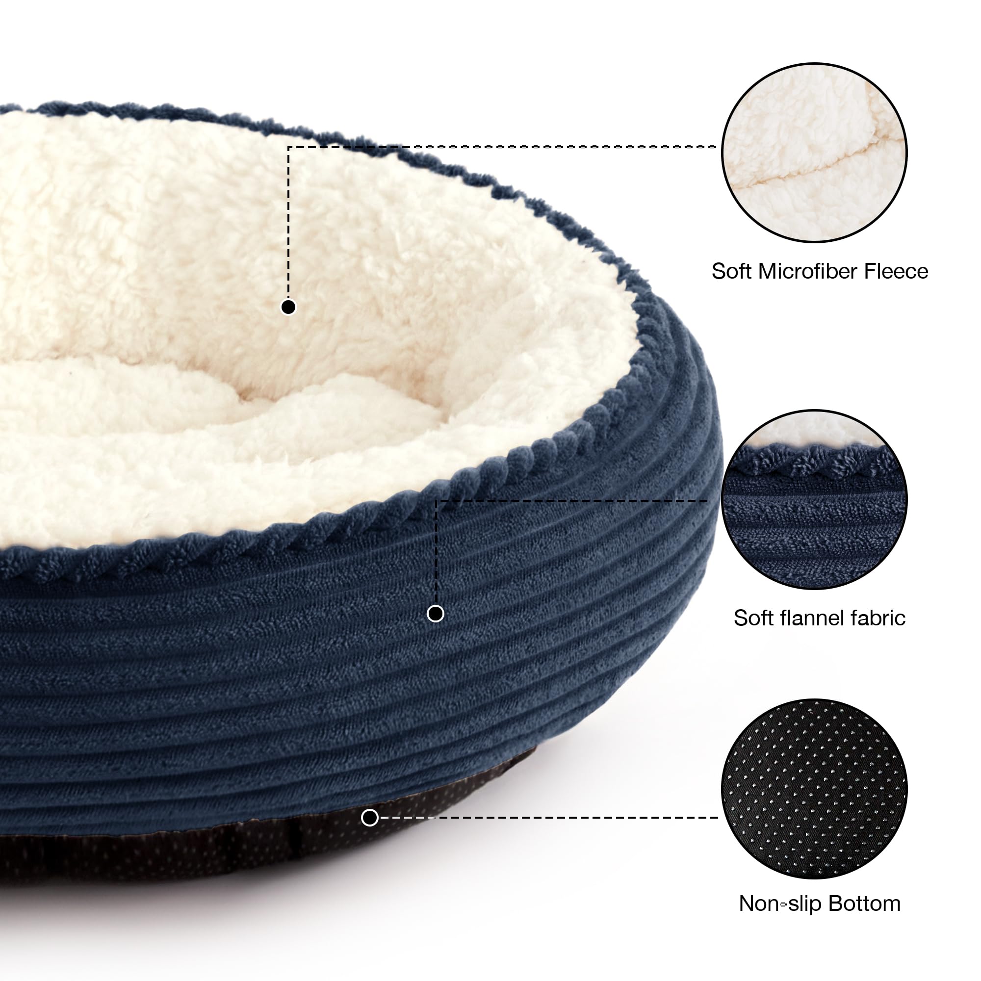 Love's cabin round donut bed close-up fabric, ultra-soft material for warm, comforting naps.