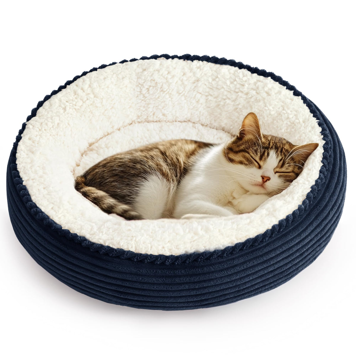 Love's cabin round donut bed navy stripe exterior view, cozy lounge for cats and small dogs.
