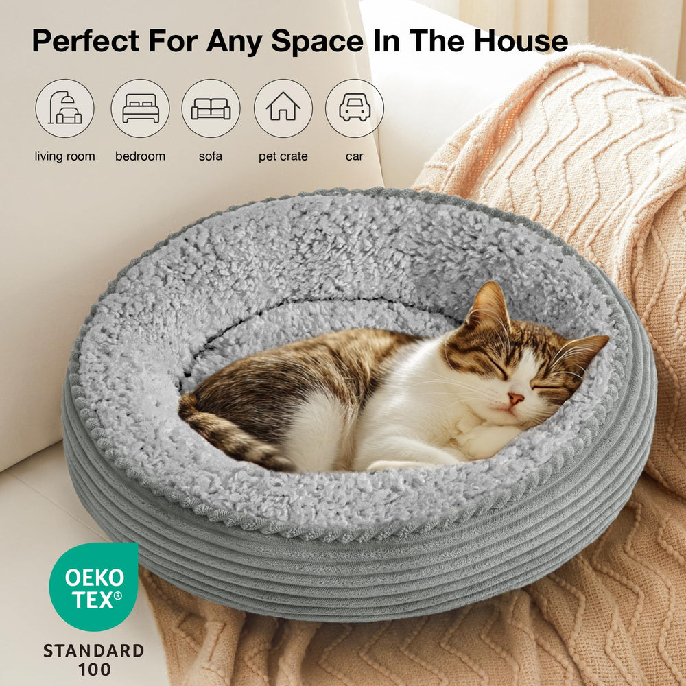 Love's cabin round donut bed non-slip bottom keeps resting surfaces stable.