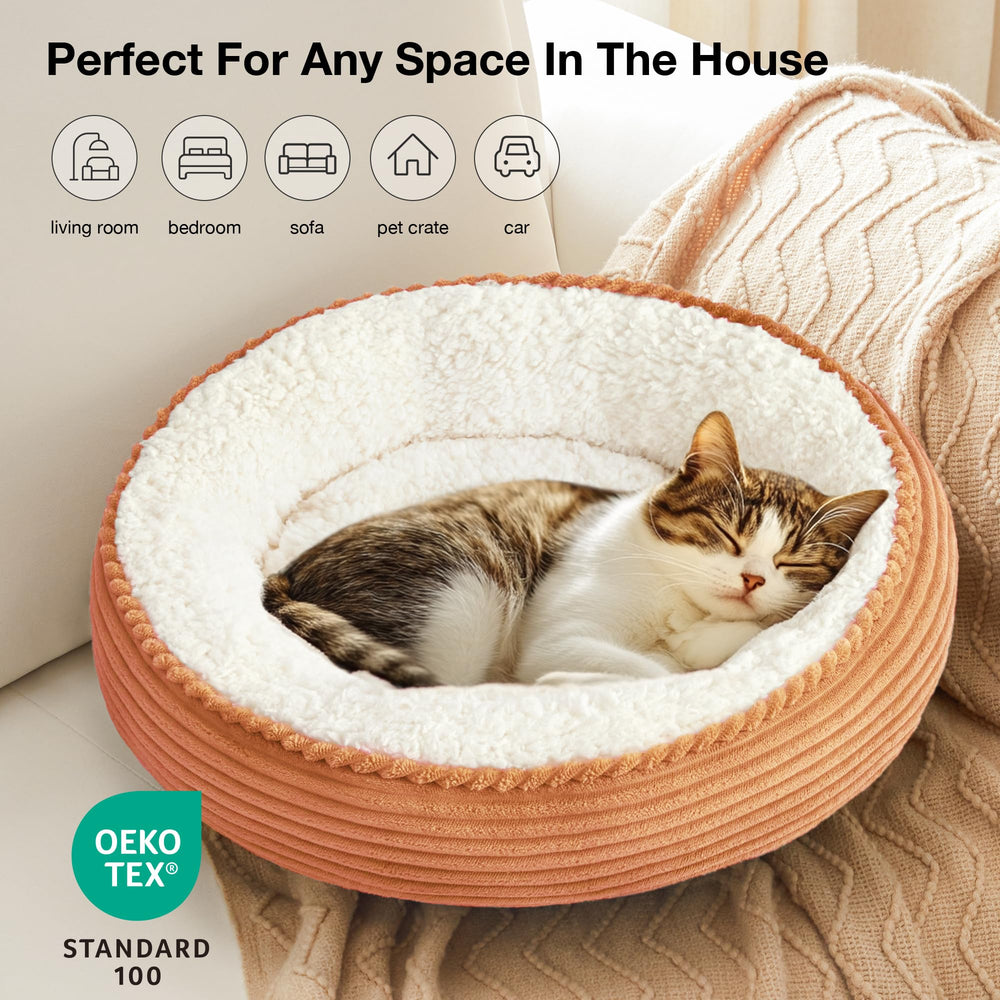 Love's cabin round donut bed OEKO-TEX label indicates safe materials