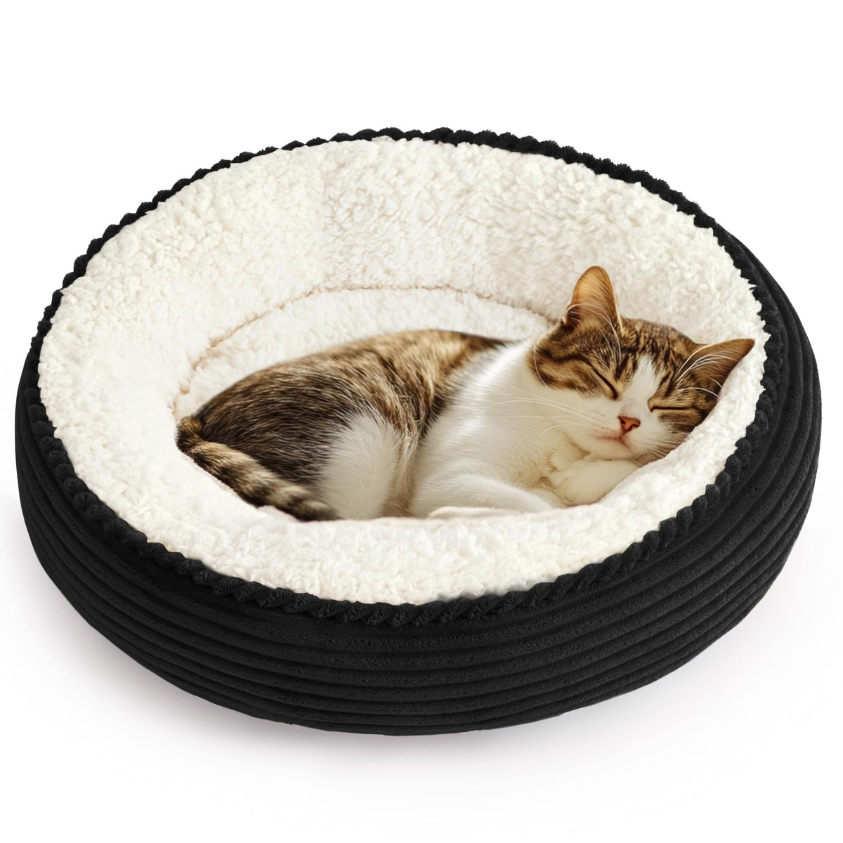 Love's cabin round donut bed outer view shows cozy nest design for curling up small pets.