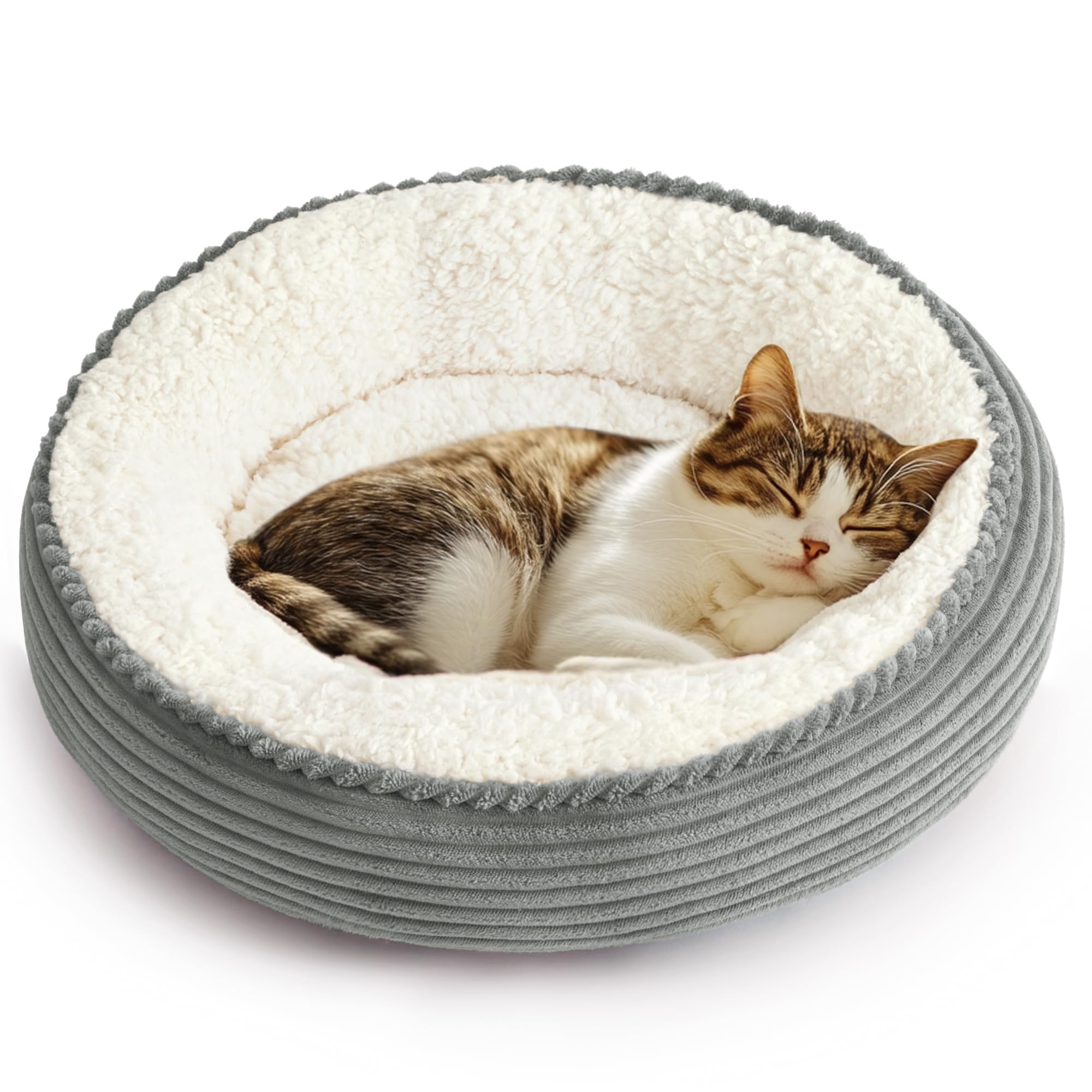 Love's cabin round donut bed outer view shows plush nest for cozy naps.