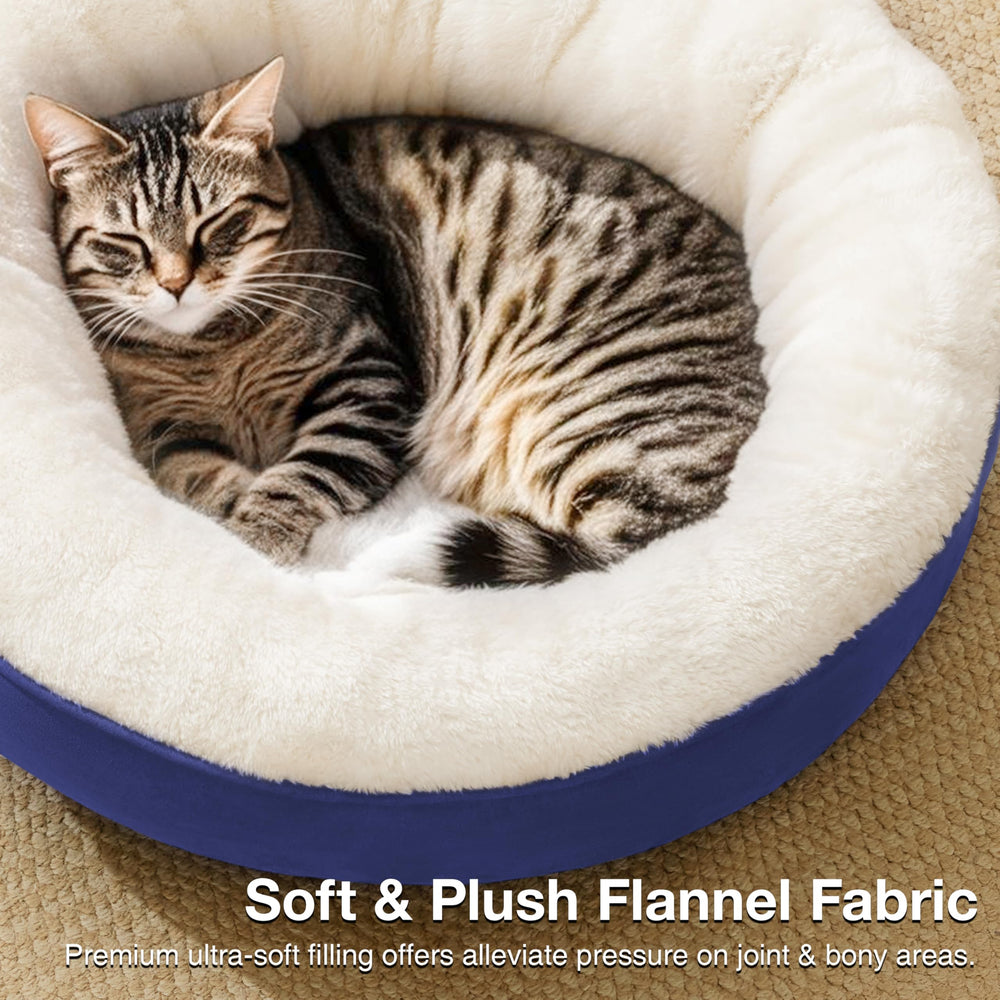 Love's cabin round bed with pets snuggling comfortably