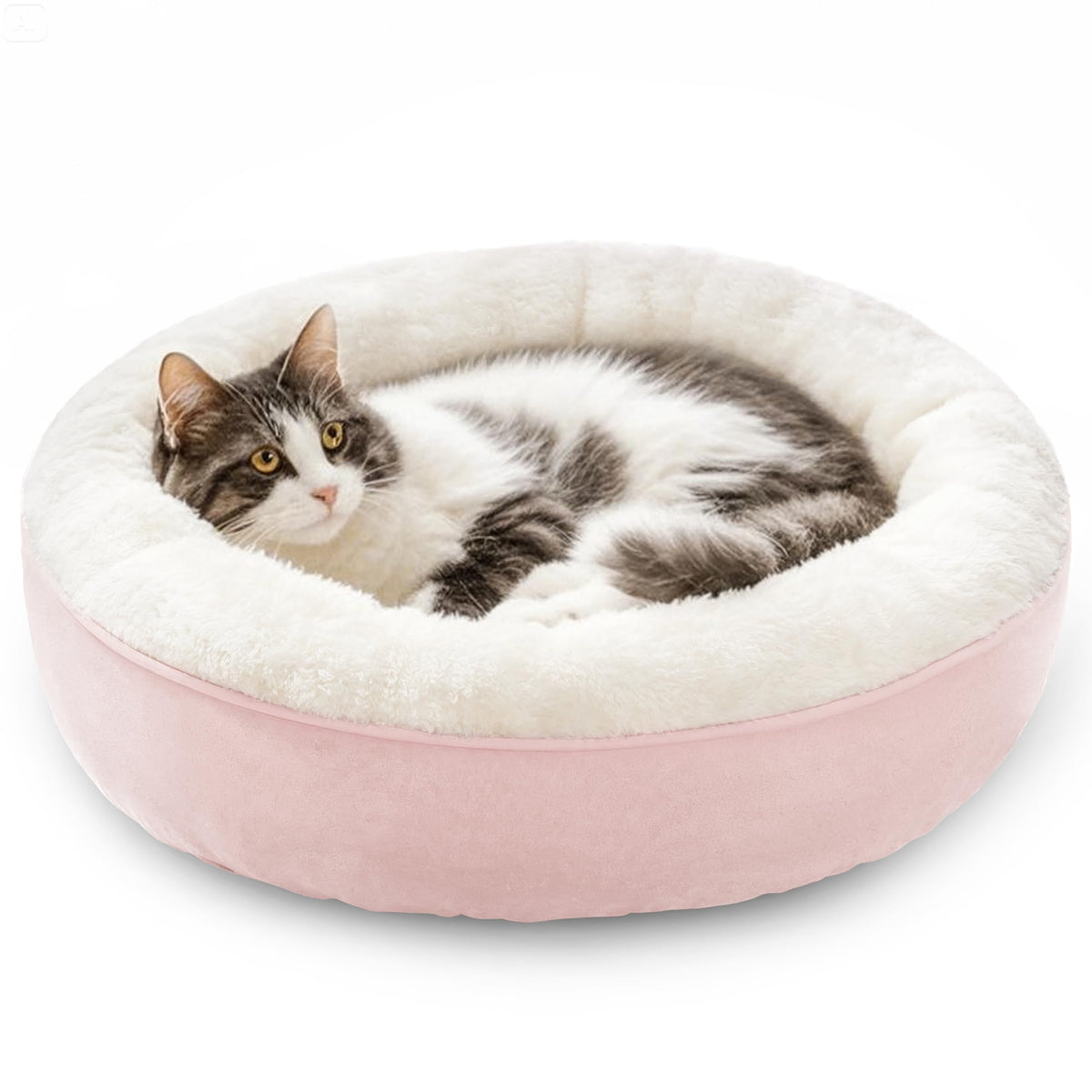 Love's cabin Round Donut Bed pink front view showcases cozy nest design for pets.