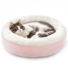 Love's cabin Round Donut Bed pink front view showcases cozy nest design for pets.