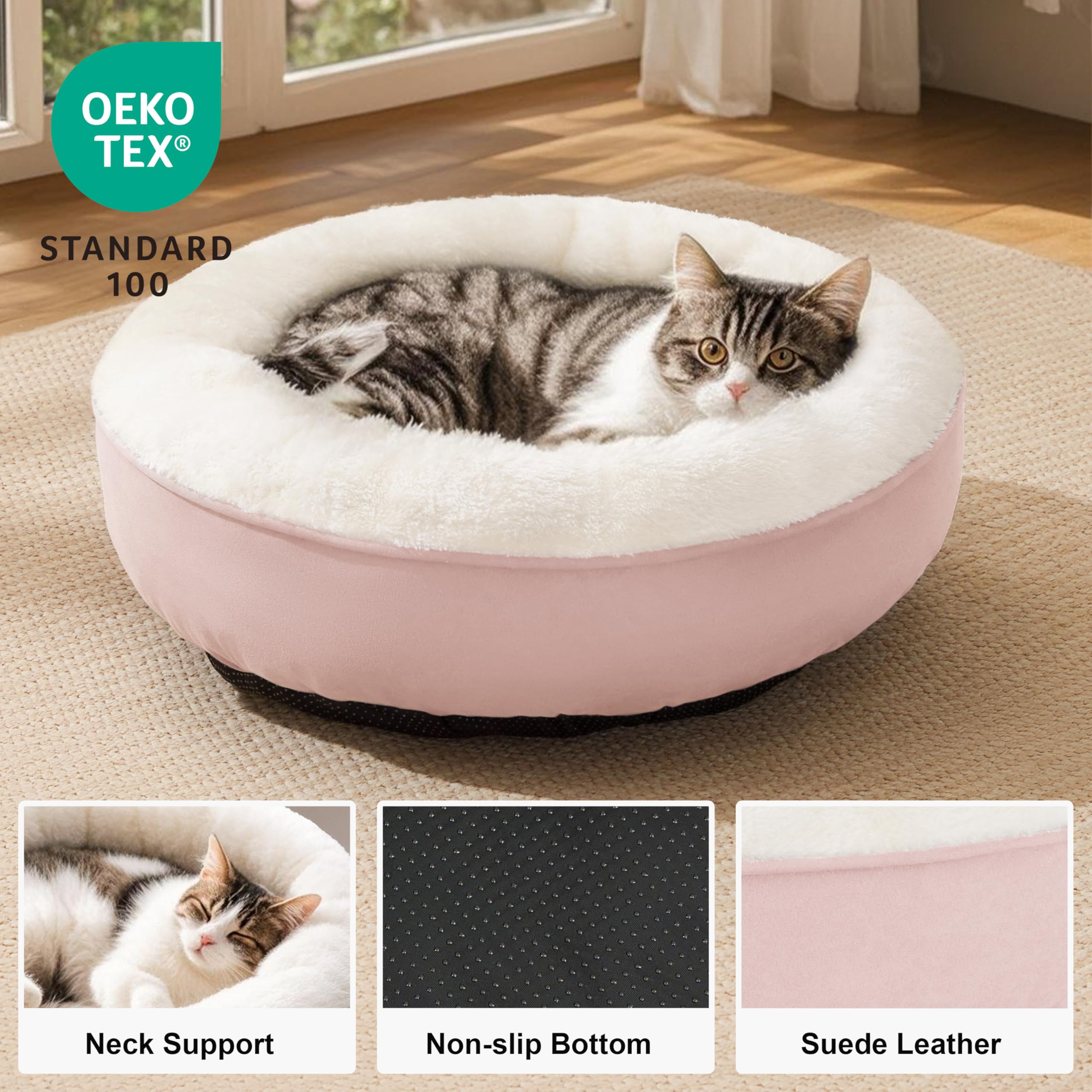 Love's cabin Round Donut Bed pink nest interior view emphasizes plush filling for comfort.