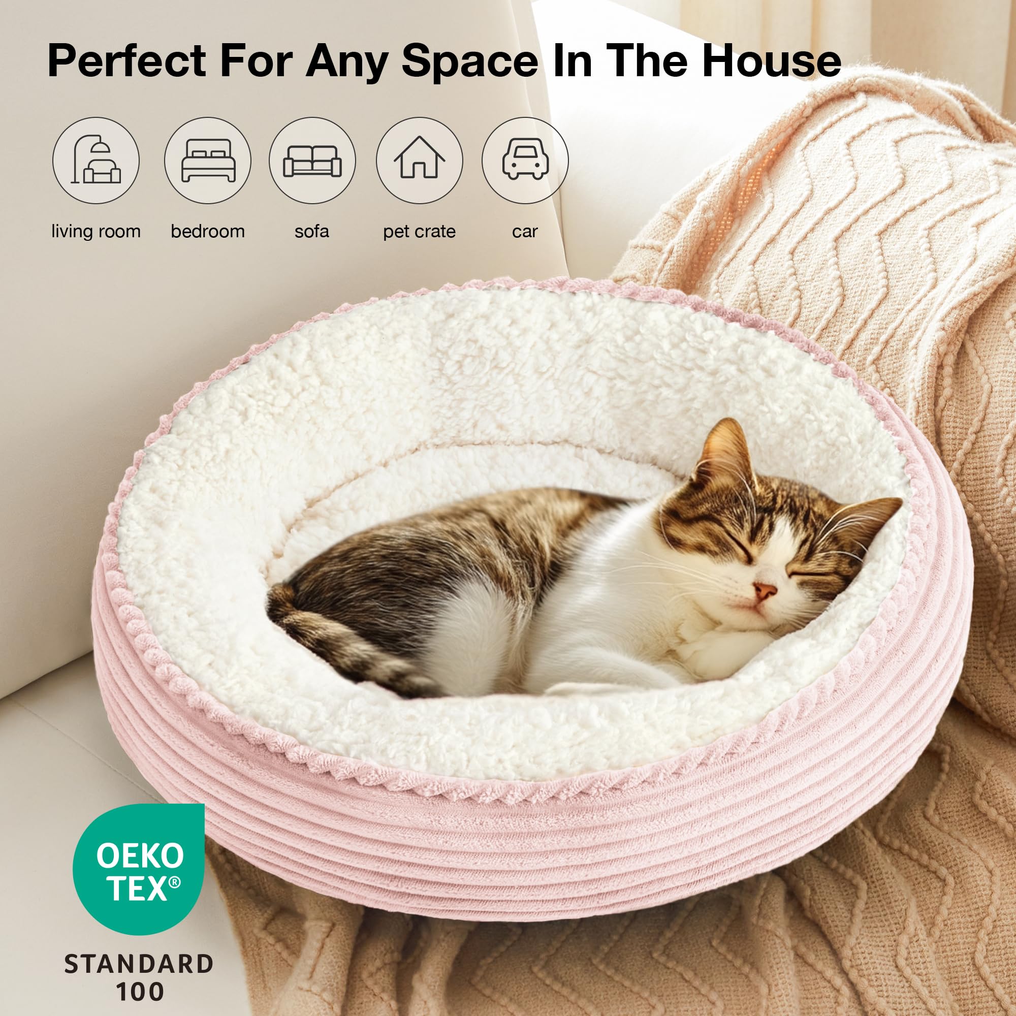 Love's cabin round bed base water-resistant underside simplifies quick cleanups.