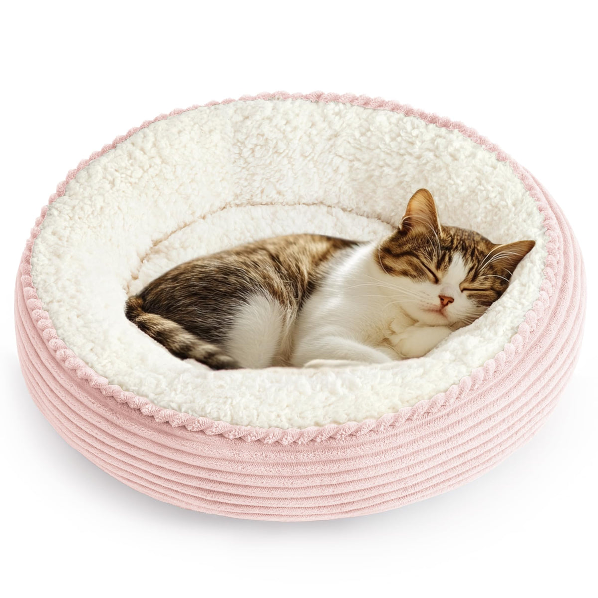 Love's cabin round donut bed pink stripe front view, cozy nest design for small pets.