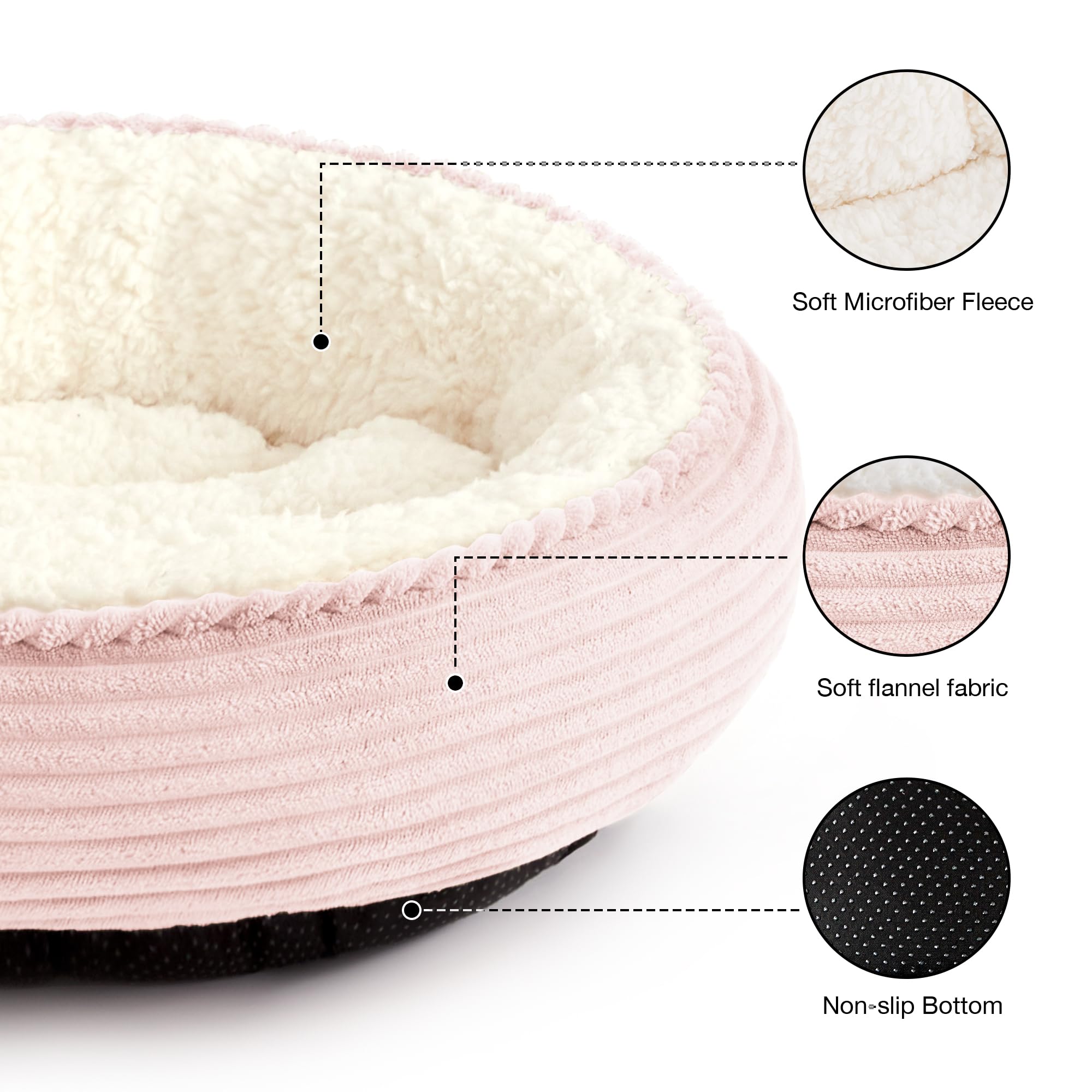 Love's cabin round donut bed pink stripe closeup reveals ultra-soft filling for soothing comfort.