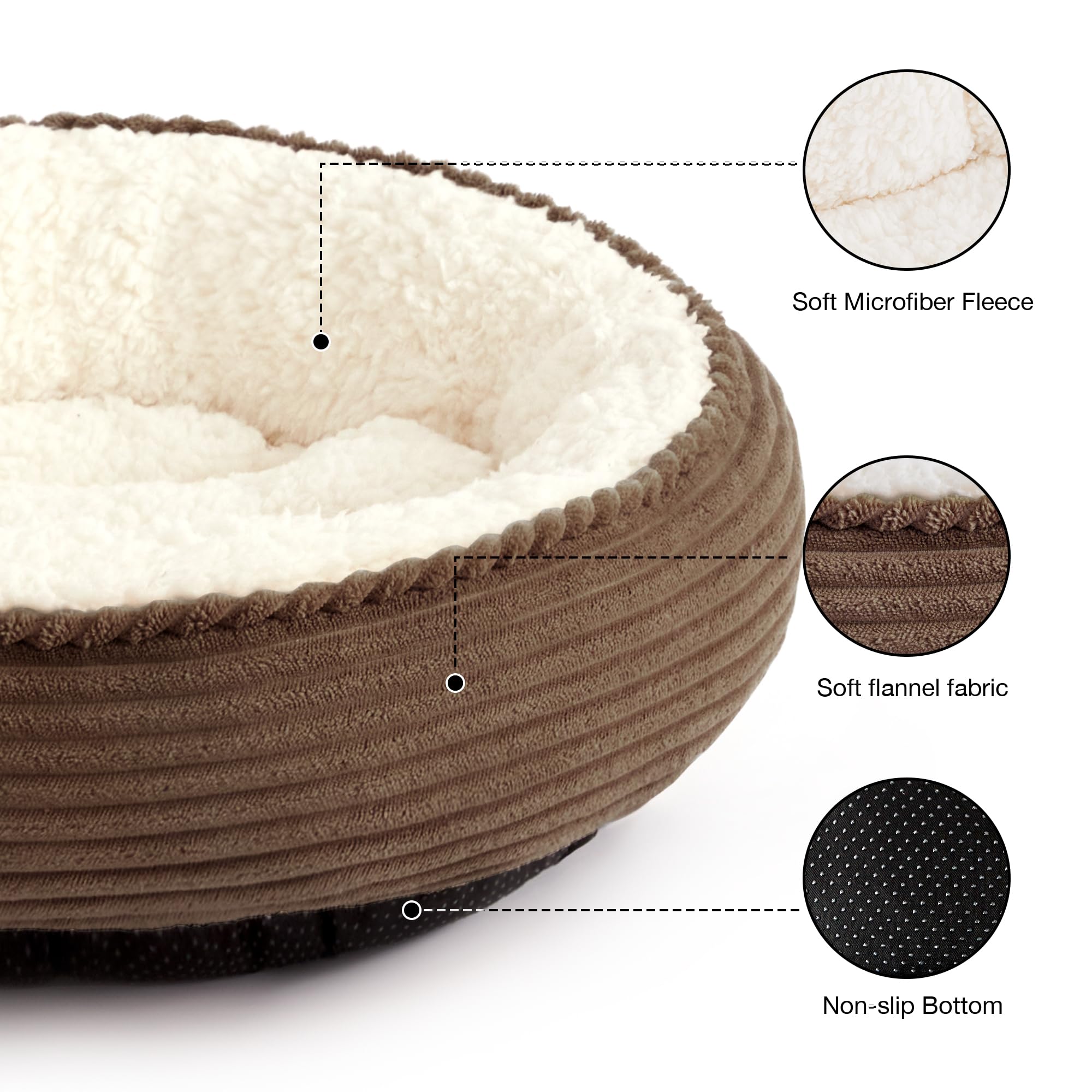 Love's cabin round donut bed side view demonstrates raised rim for head and neck support.
