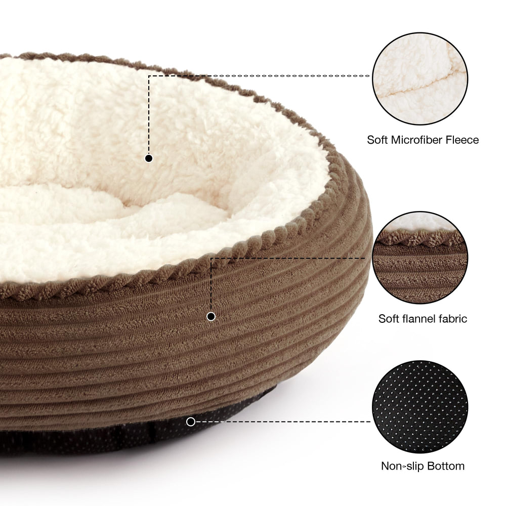 Love's cabin round donut bed side view demonstrates raised rim for head and neck support.