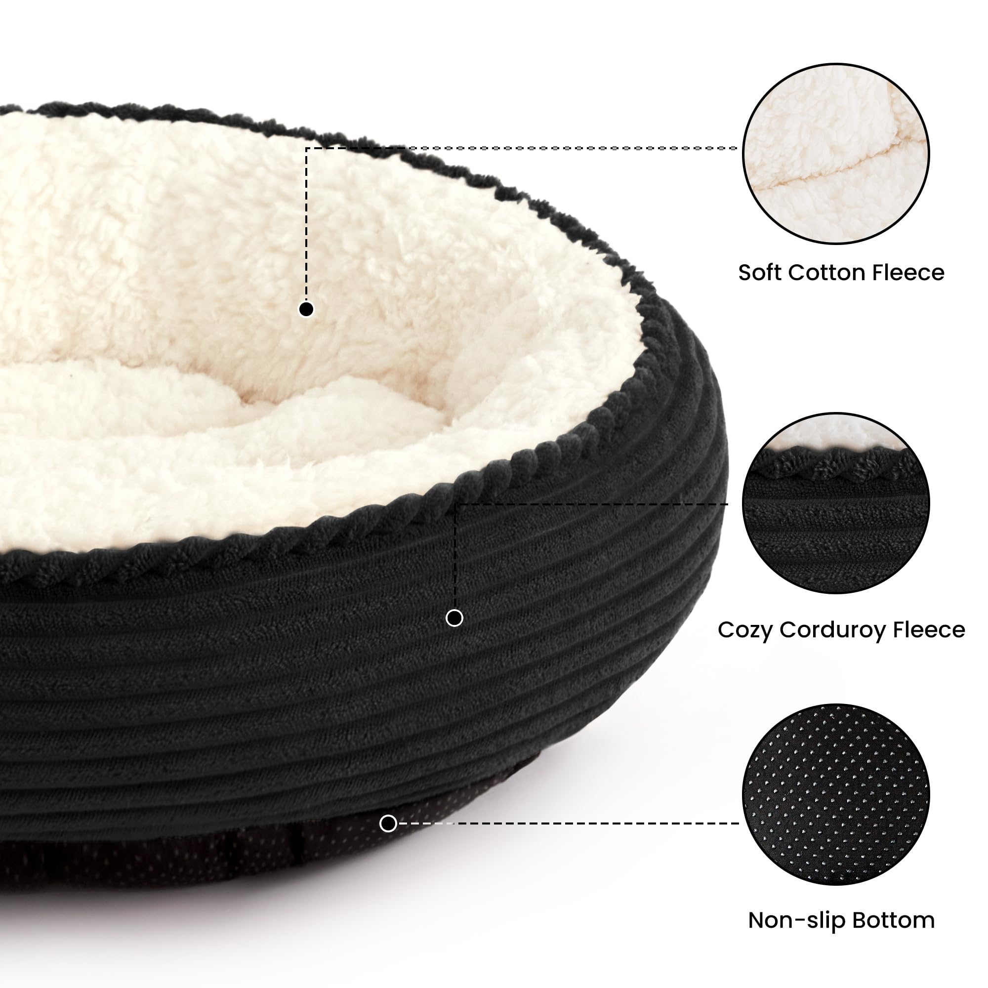 Love's cabin round donut bed side view highlights raised rim for head and neck support.
