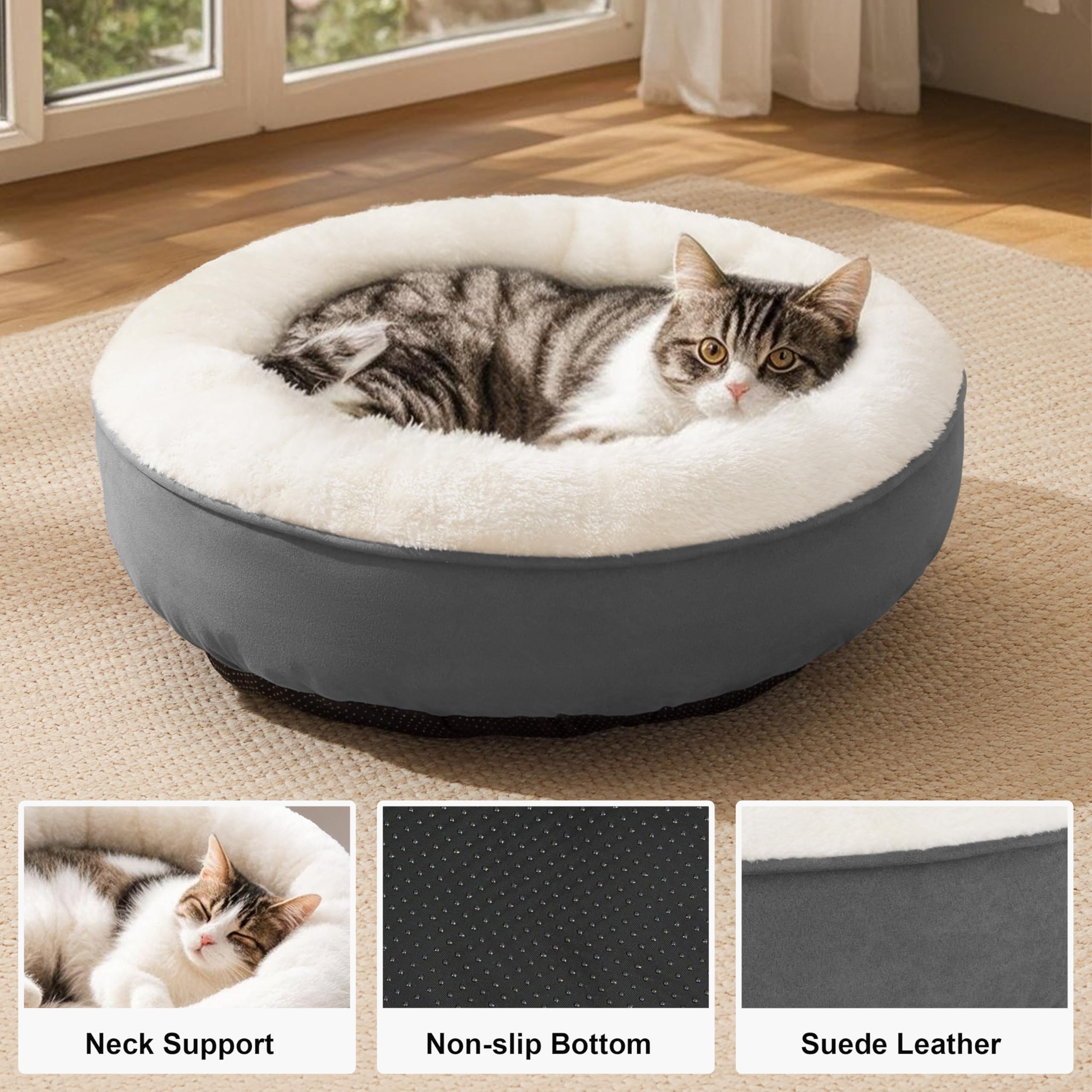 Love's cabin round-donut-bed side view highlights raised rim for neck support.