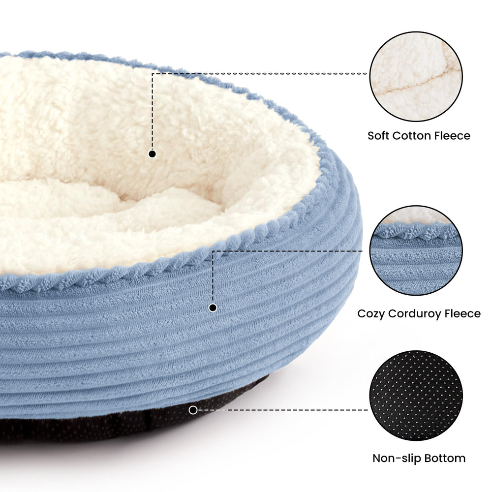 Love's cabin round donut bed side view highlighting raised rim for head support.