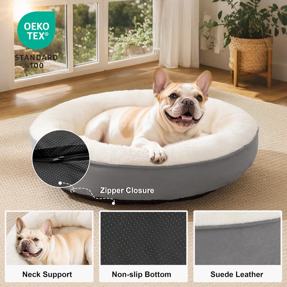 Love's cabin round-donut-bed side view highlights plush cushioning and support.
