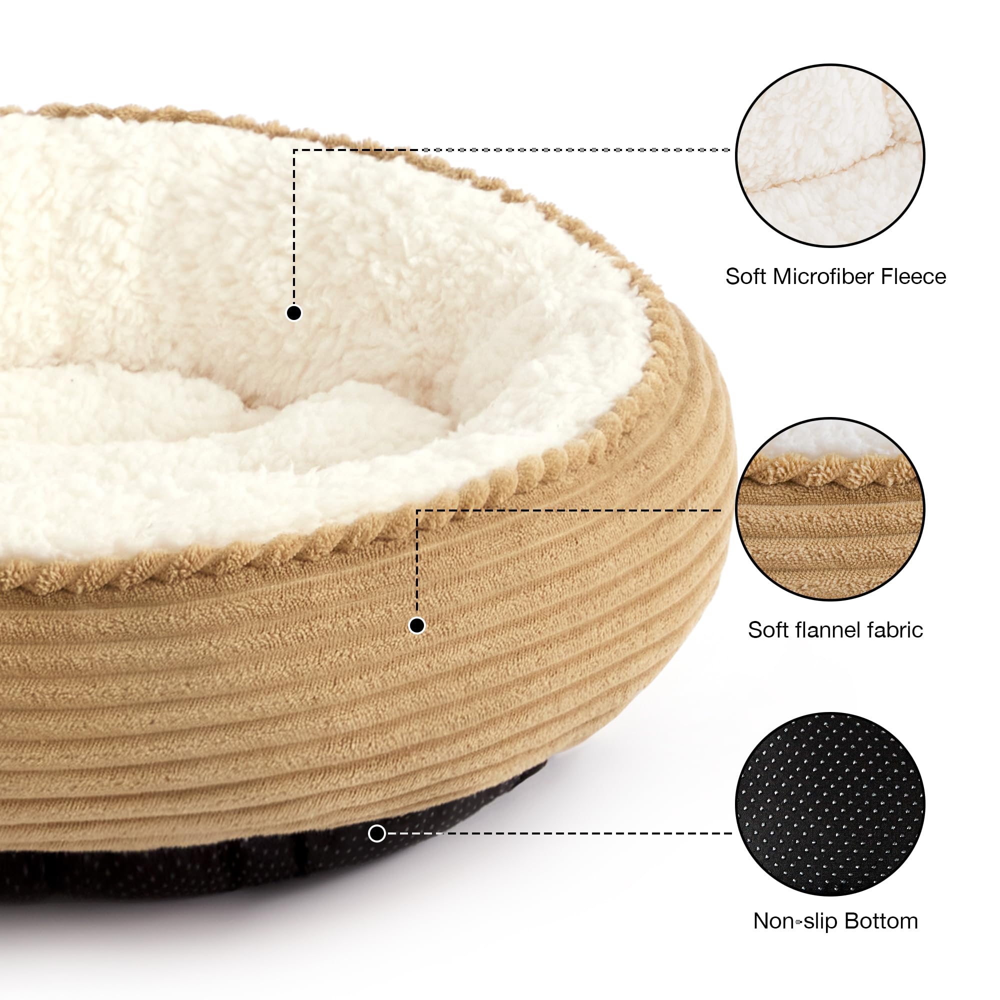 Love's cabin round donut bed side view with raised rim for neck support