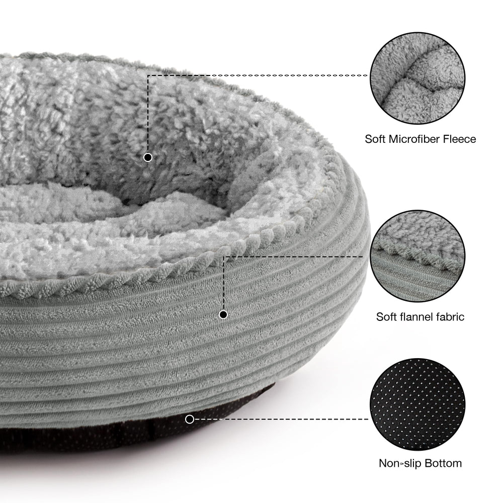 Love's cabin round donut bed top view reveals plush rim for neck support.