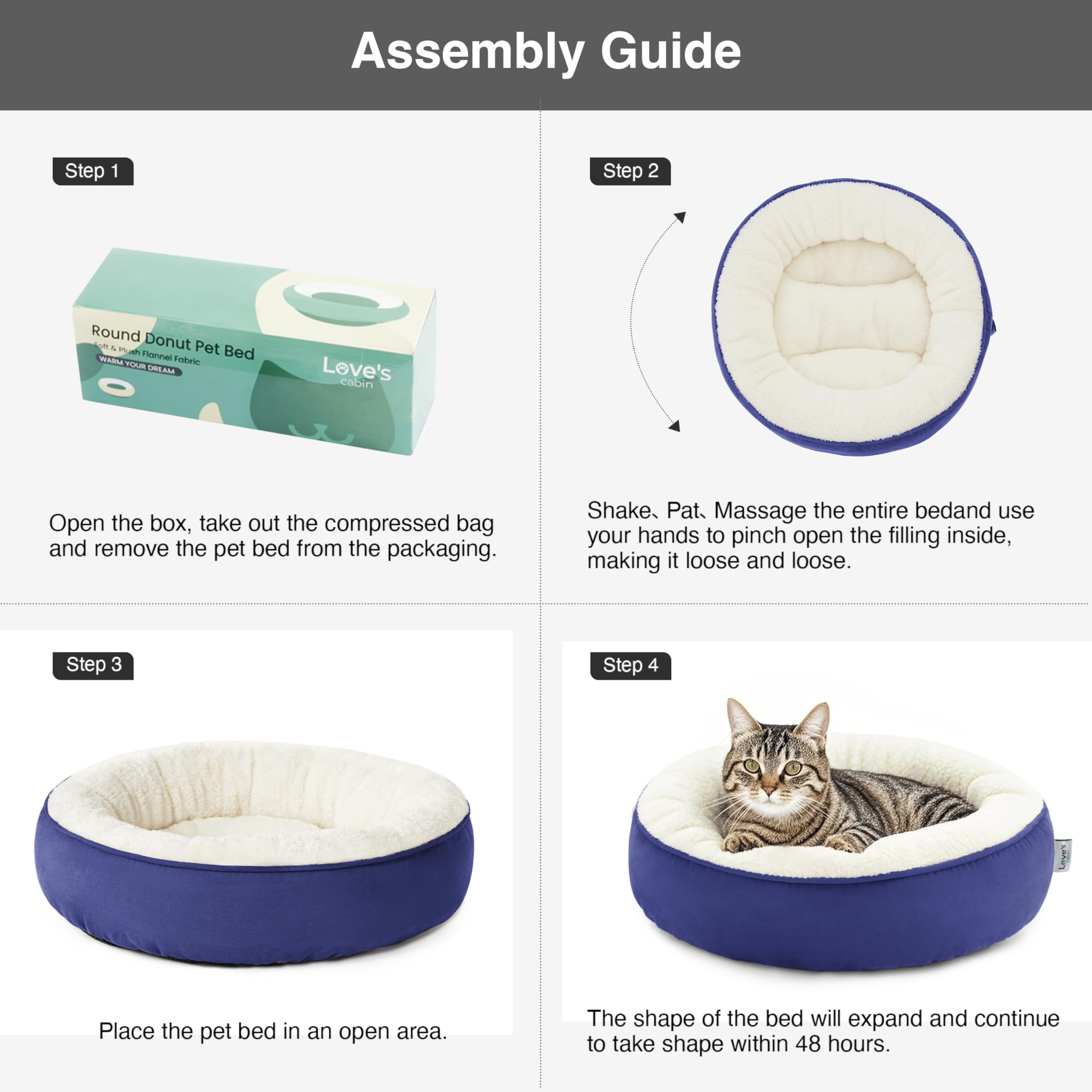 Love's cabin round donut bed usage illustration for cats and small dogs