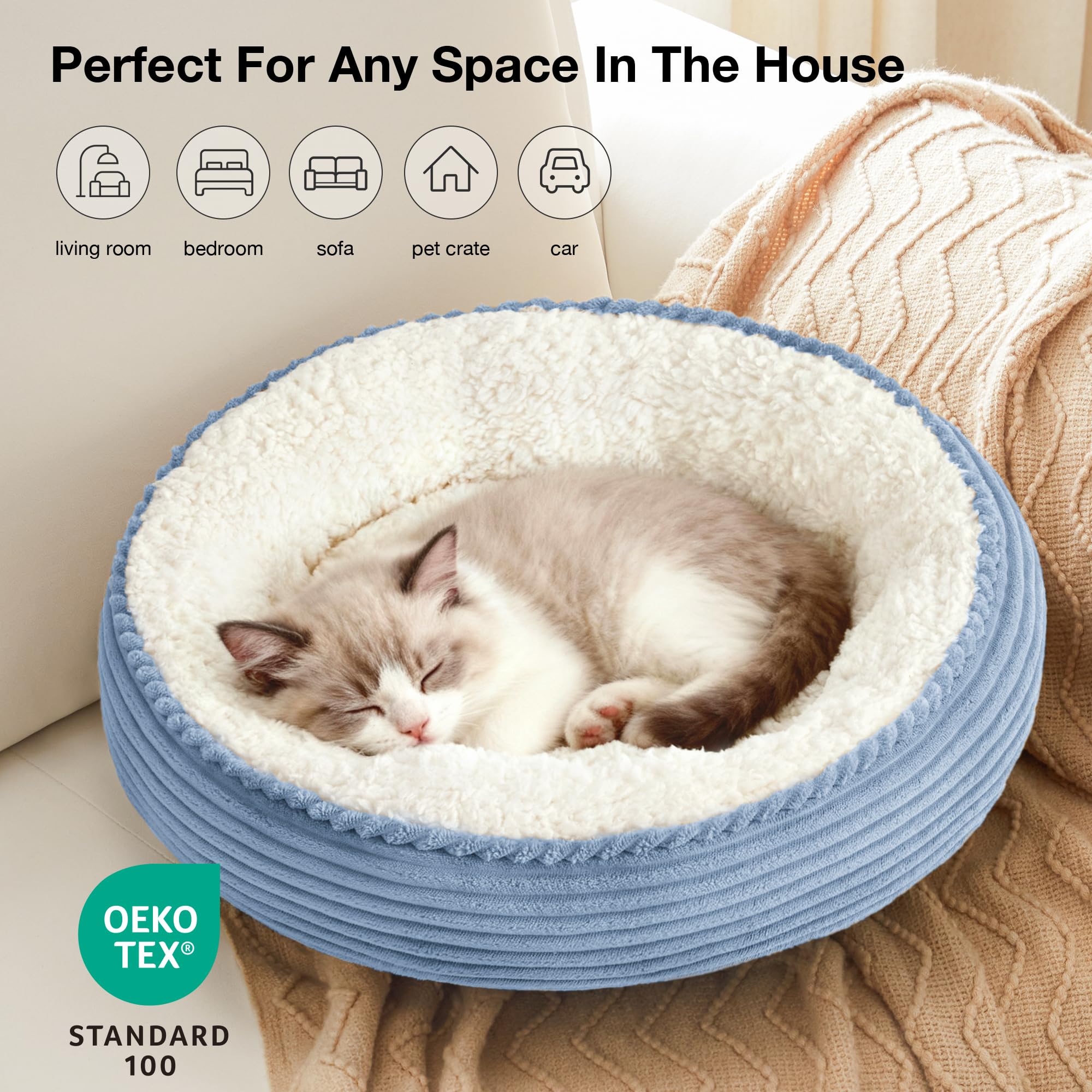 Love's cabin round donut bed washable cycle image indicating easy machine cleaning.