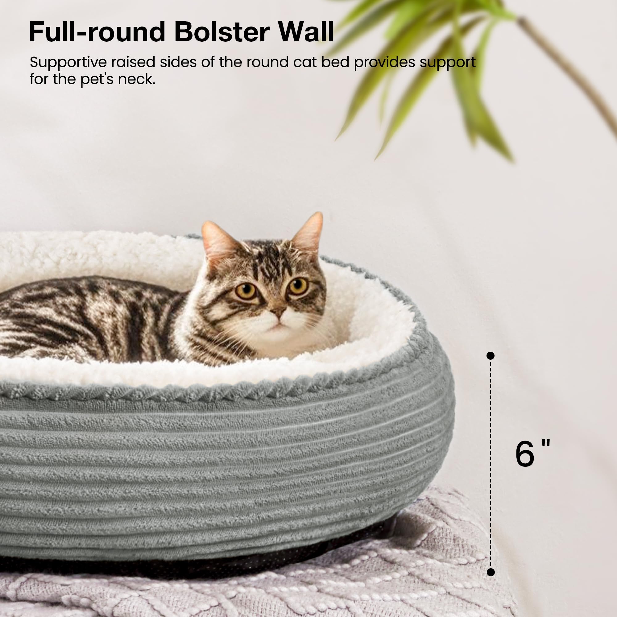 Love's cabin round donut bed water-resistant bottom helps contain spills.
