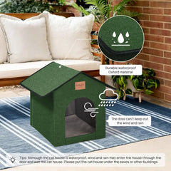 Love's cabin weatherproof cat shelter in green outdoors ready for rain.